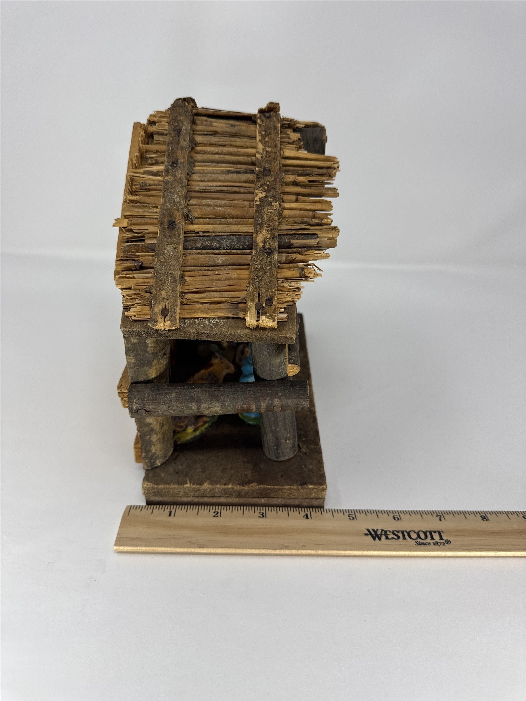 Vintage Nativity Scene Creche Made in Italy Rustic Wood Bark Stable Figurines