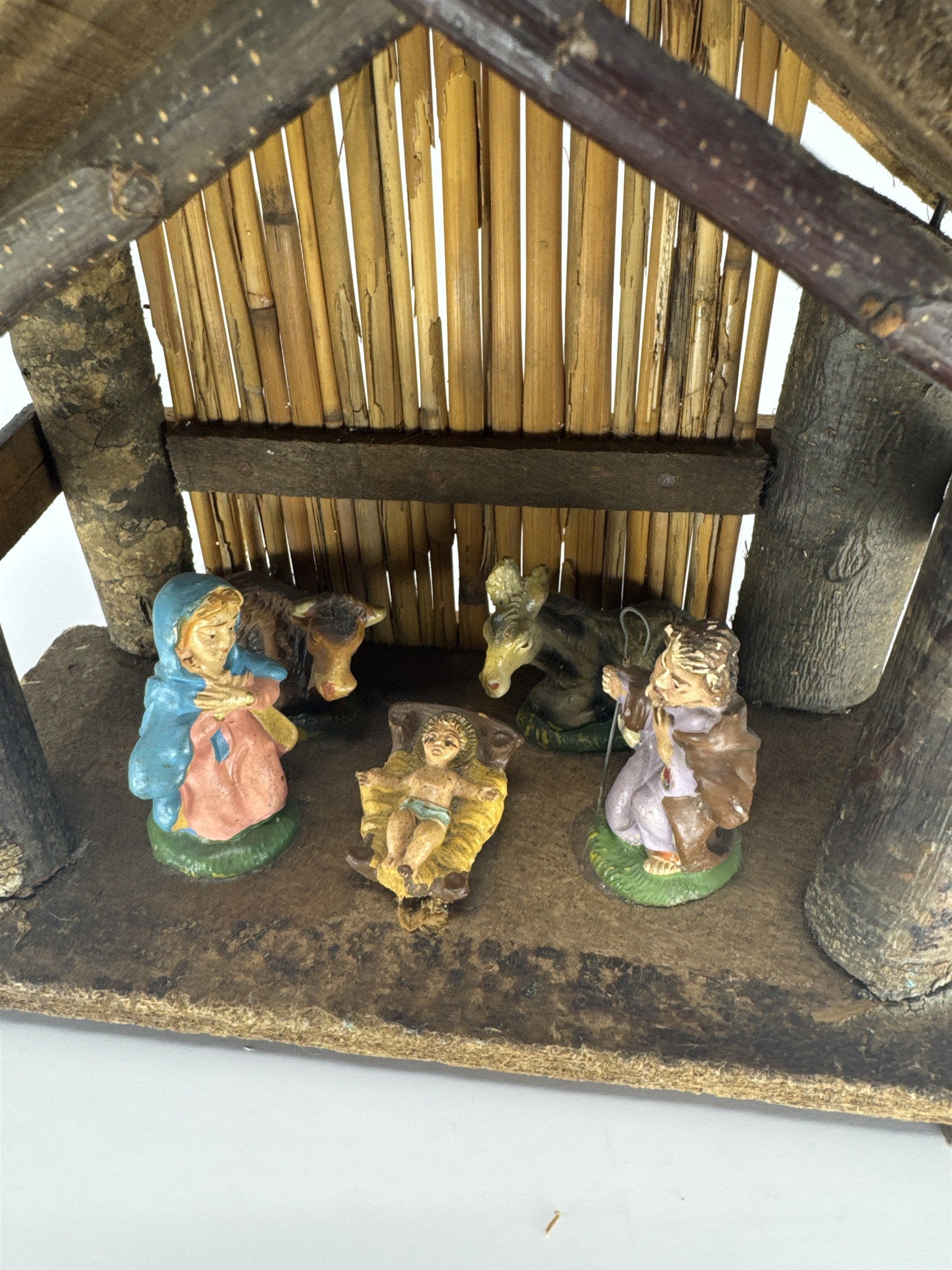 Vintage Nativity Scene Creche Made in Italy Rustic Wood Bark Stable Figurines