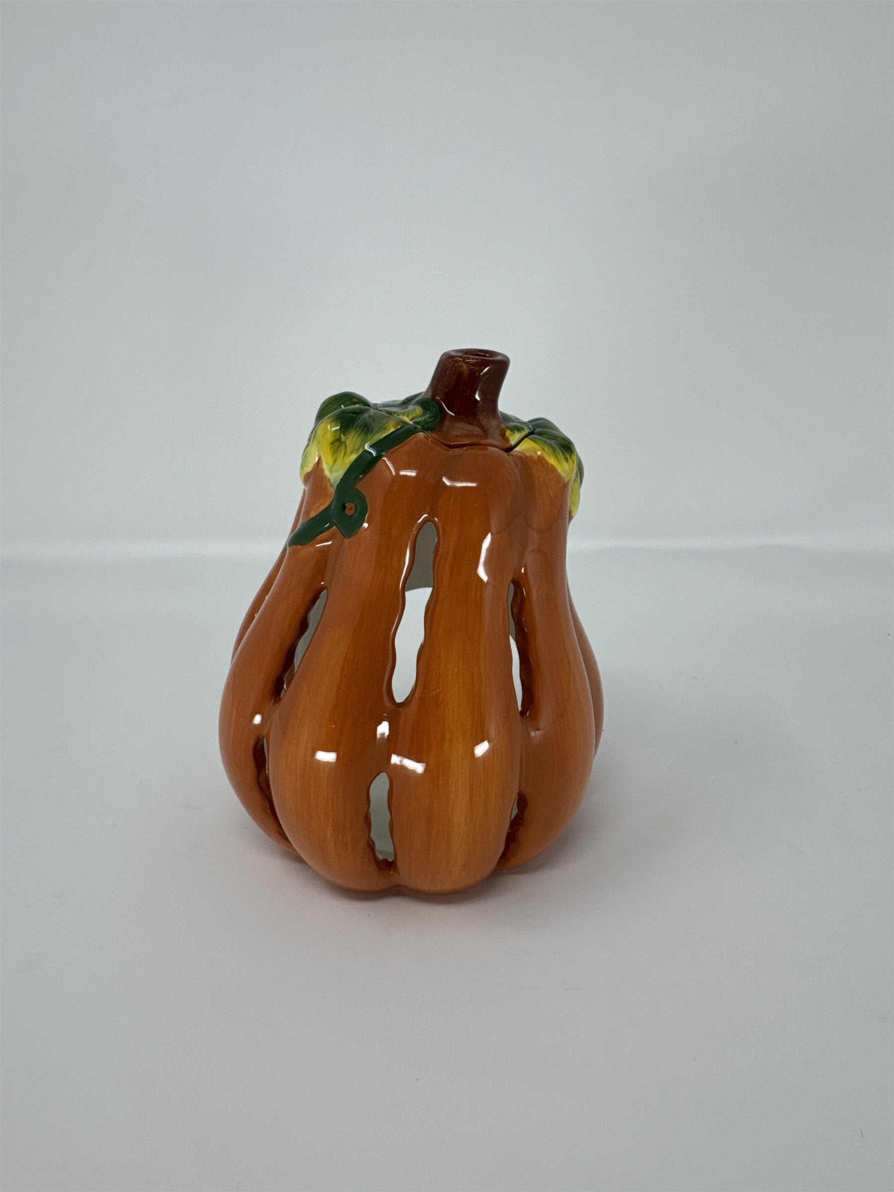 Vintage Ceramic Pumpkin Gourd Votive Candle Holder Glazed Harvest Fall Decor