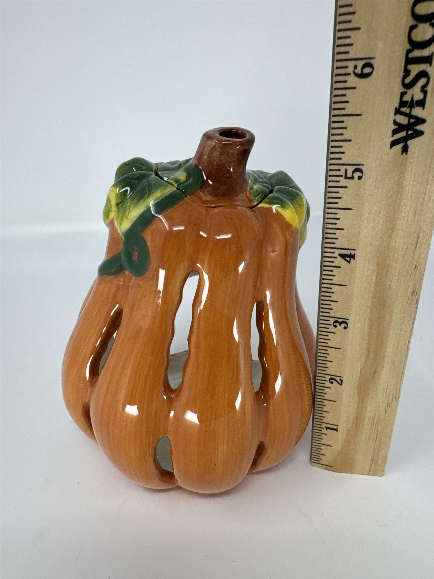 Vintage Ceramic Pumpkin Gourd Votive Candle Holder Glazed Harvest Fall Decor