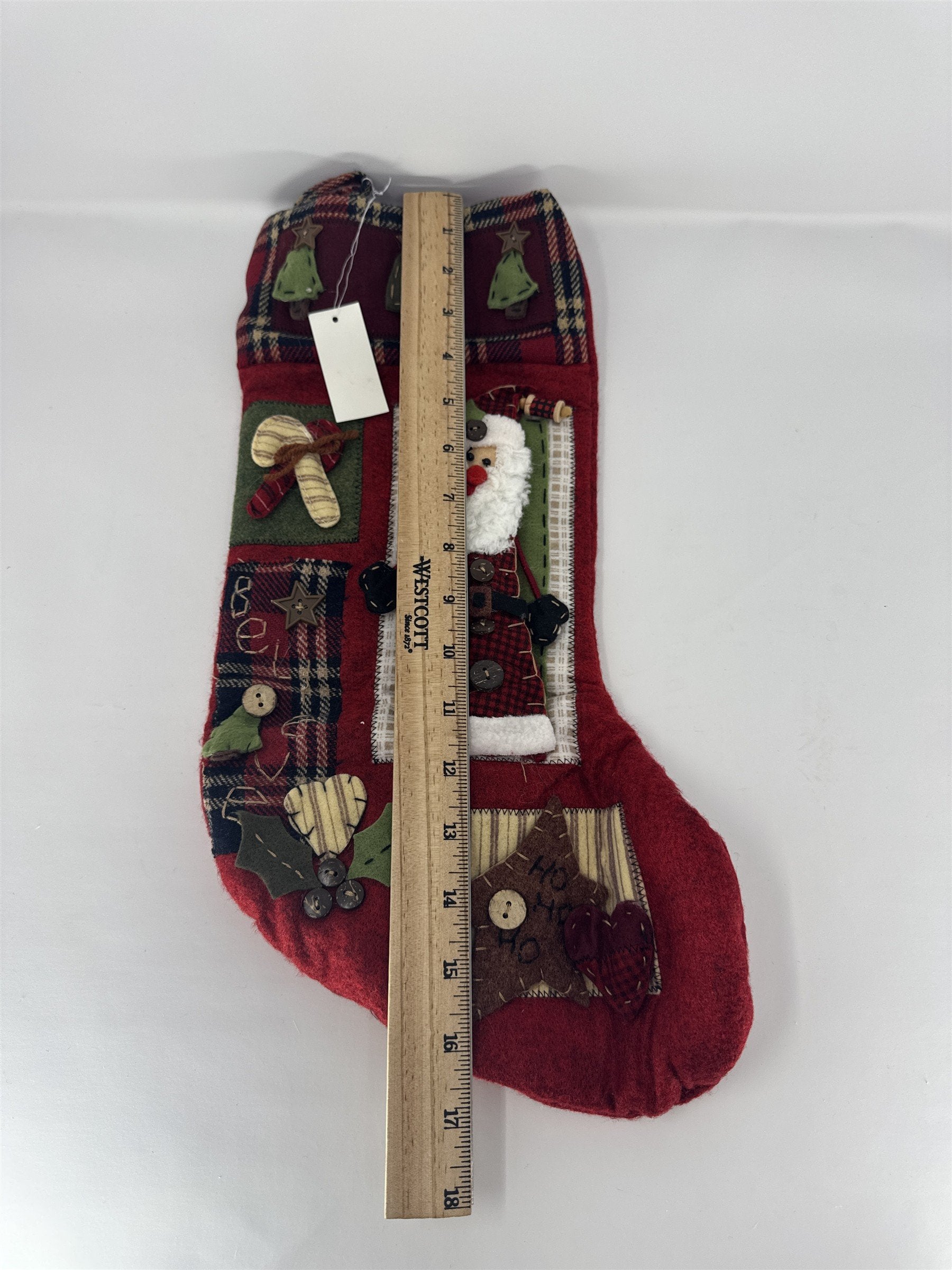 Home Interiors Christmas Stocking Red Fleece Primitive Santa Applique 57002 NIB