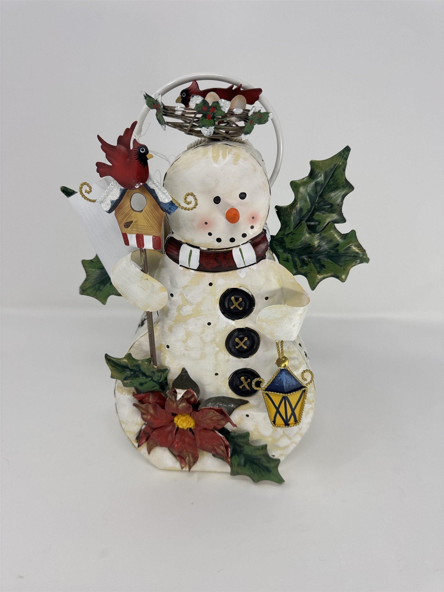 Home Interiors 57040 Metal Snowman Votive Candle Holder Birdhouse Cardinal 10"