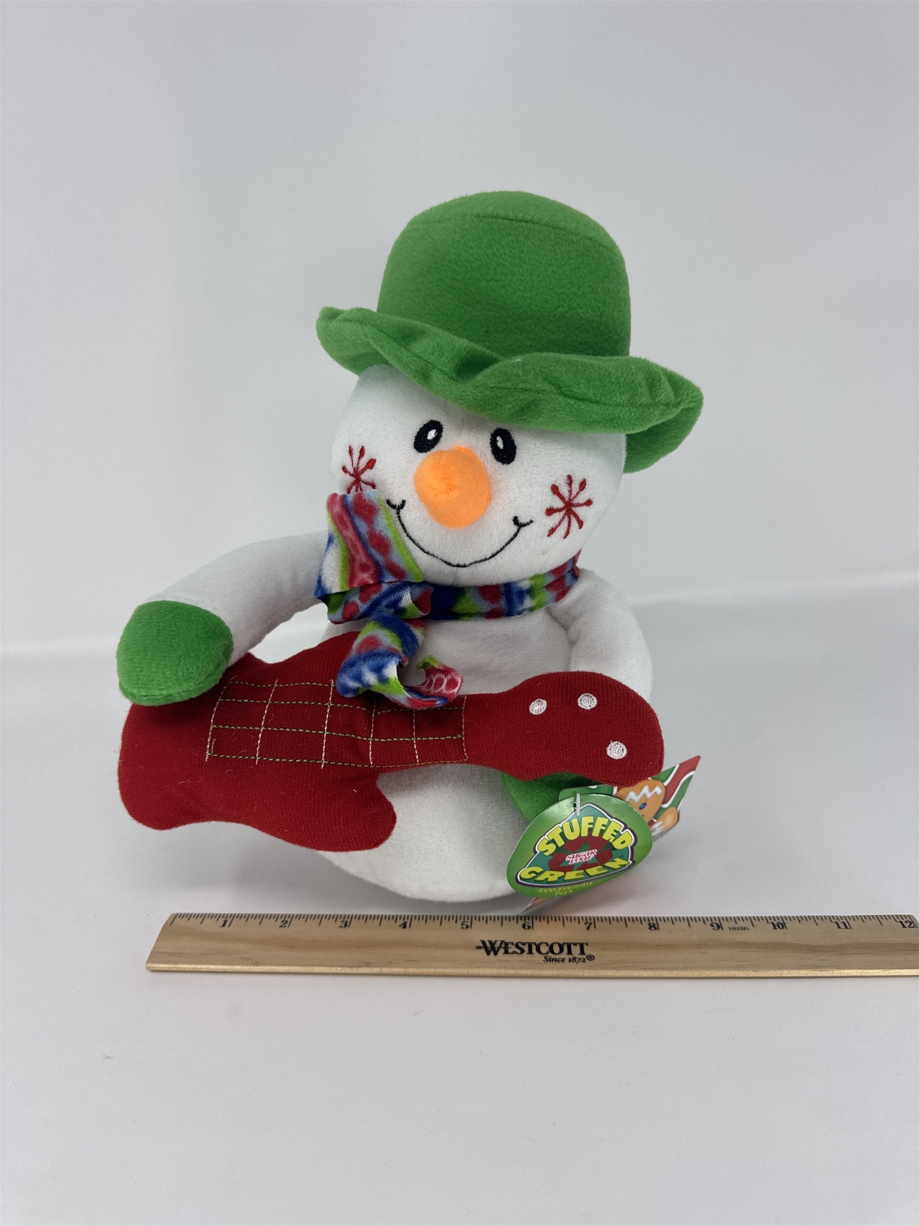Stuffed Creek Snowman Plush Christmas Guitar Green Hat Musical Holiday Decor