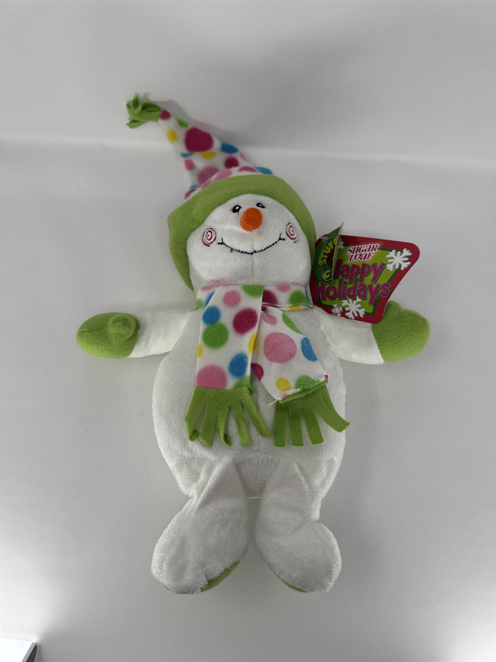 Sugar Loaf Snowman Plush Happy Holidays White Polka Dot Scarf Hat Stuffed Animal