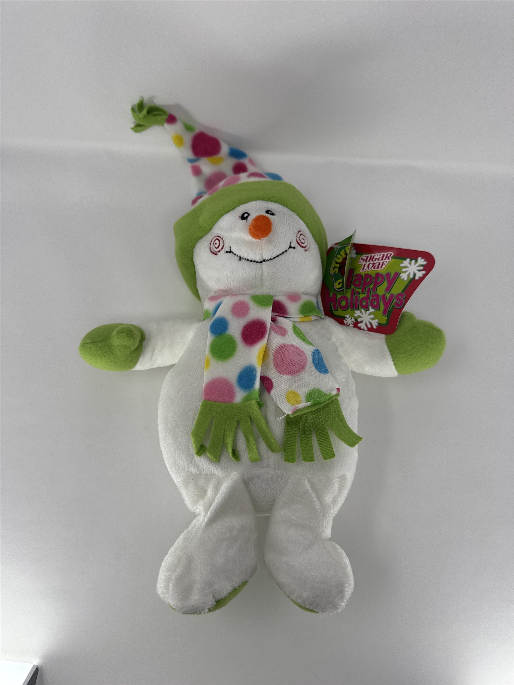 Sugar Loaf Snowman Plush Happy Holidays White Polka Dot Scarf Hat Stuffed Animal