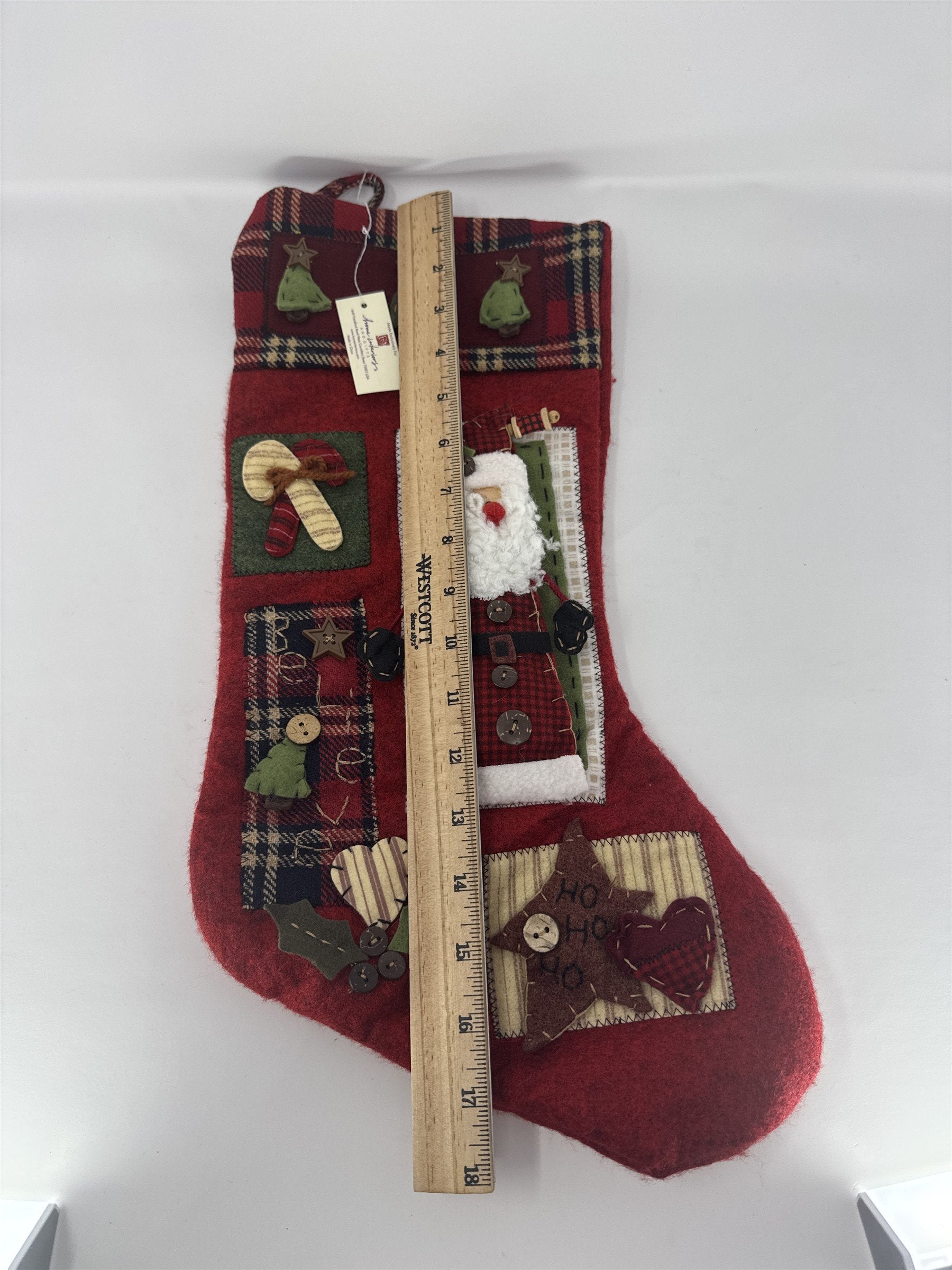 Home Interiors Christmas Stocking Red Fleece Primitive Santa Applique 57002