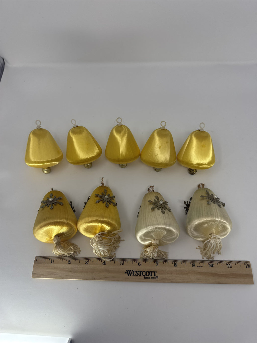 Vintage Satin Silk Bell Christmas Ornaments Lot 9 Gold White Tassel Snowflake