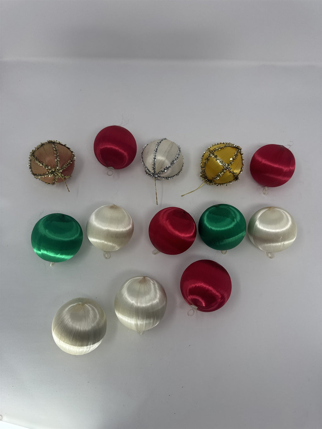 Vintage Christmas Ornaments Lot 13 Satin Silk Wrapped Balls Red Green White