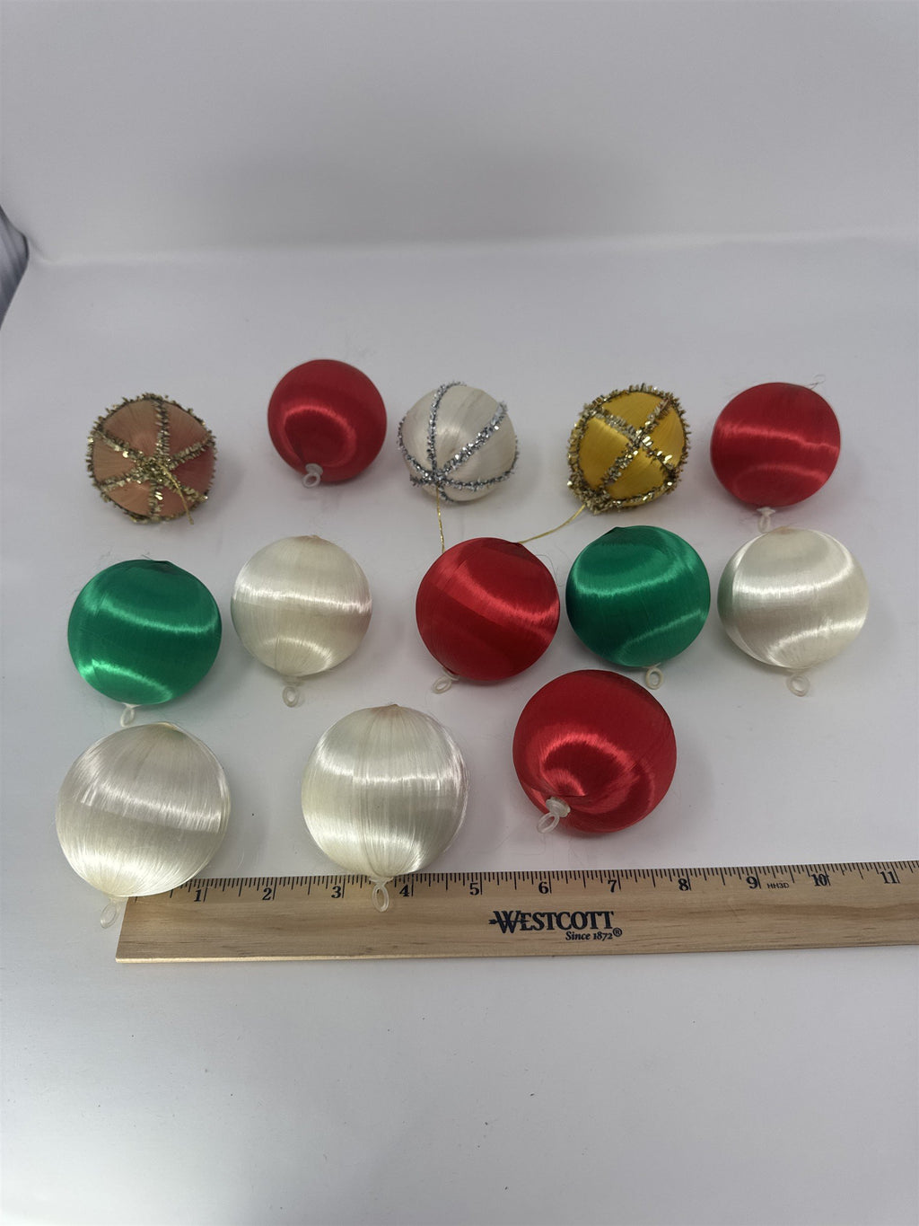 Vintage Christmas Ornaments Lot 13 Satin Silk Wrapped Balls Red Green White