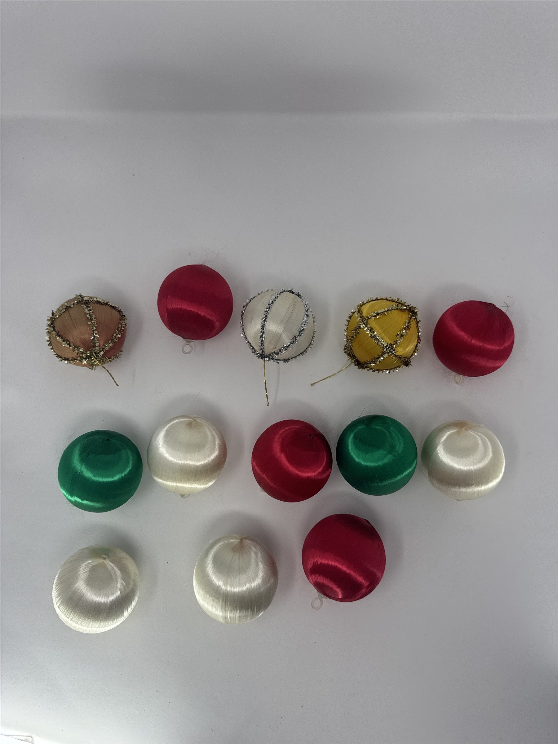 Vintage Christmas Ornaments Lot 13 Satin Silk Wrapped Balls Red Green White