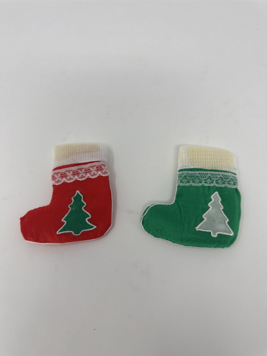 Set of 2 Mini Christmas Stockings Red Green Lace Felt Tree Applique 3.5"