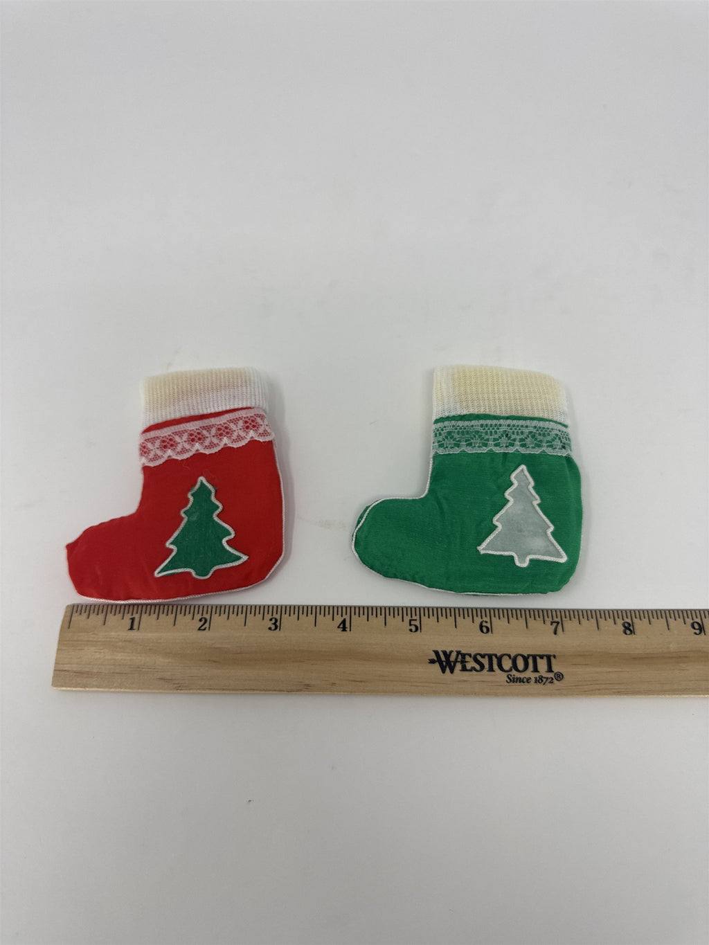 Set of 2 Mini Christmas Stockings Red Green Lace Felt Tree Applique 3.5"