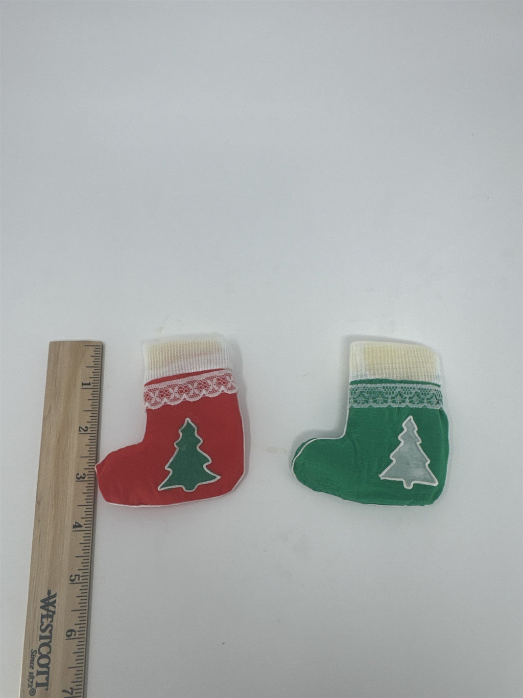 Set of 2 Mini Christmas Stockings Red Green Lace Felt Tree Applique 3.5"