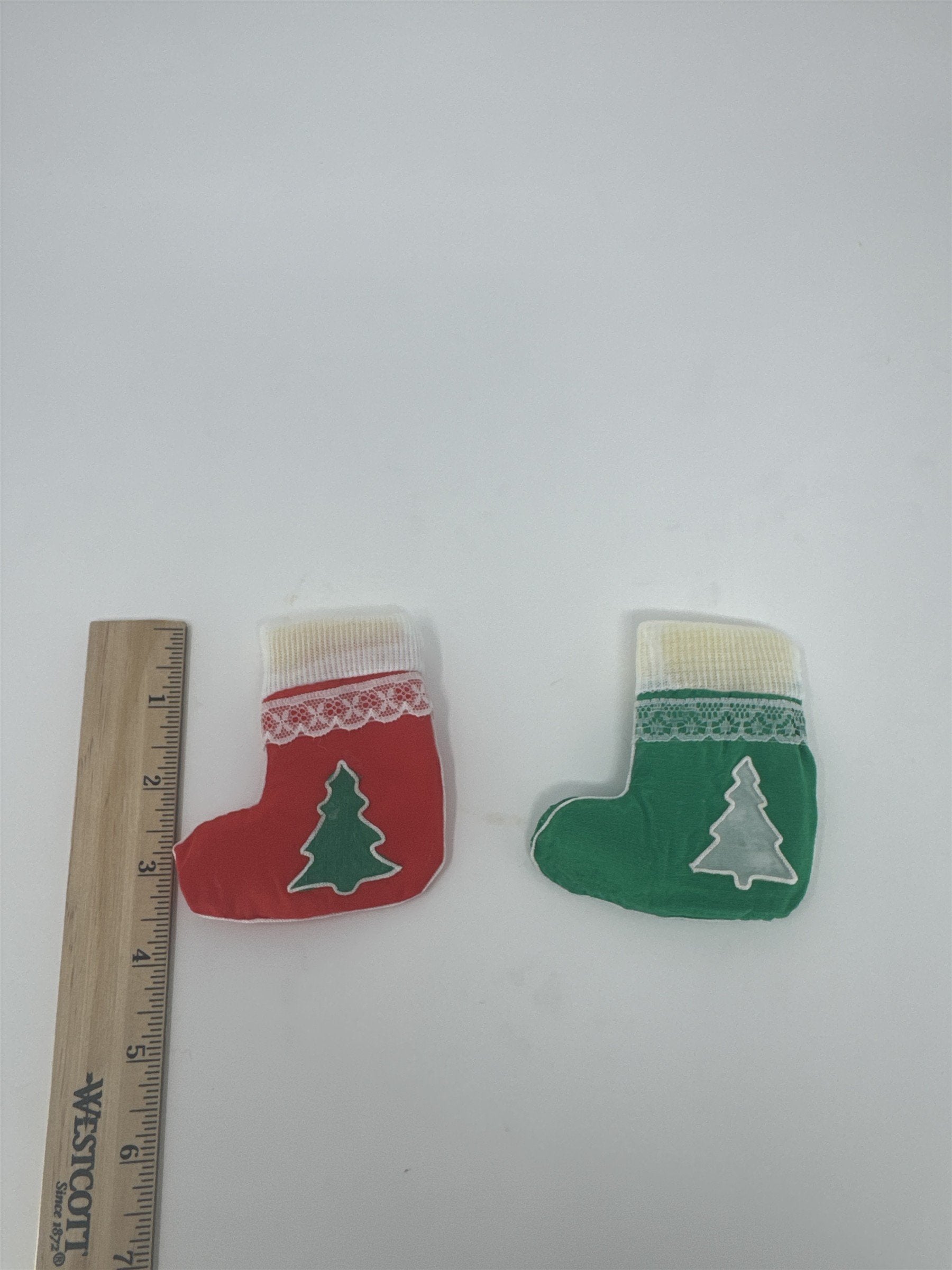 Set of 2 Mini Christmas Stockings Red Green Lace Felt Tree Applique 3.5"