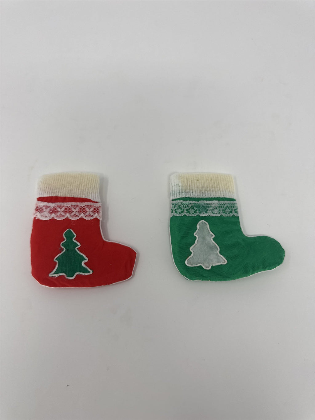 Set of 2 Mini Christmas Stockings Red Green Lace Felt Tree Applique 3.5"
