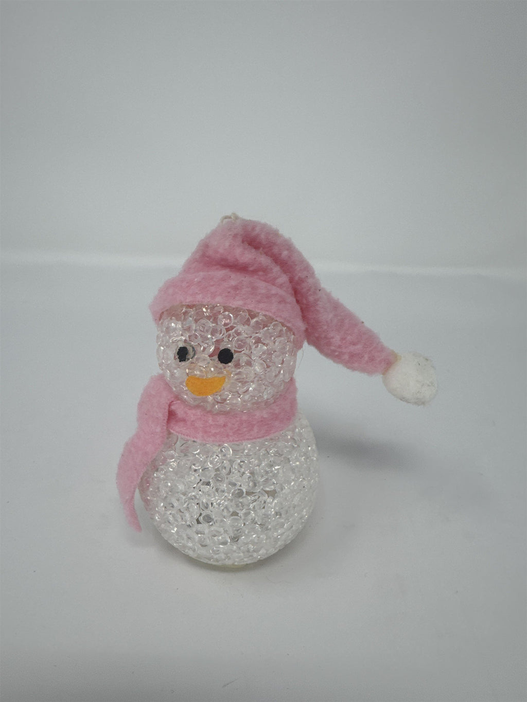 LED Light Up Snowman Ornament 4" Clear Beaded Acrylic Pink Hat Scarf Christmas