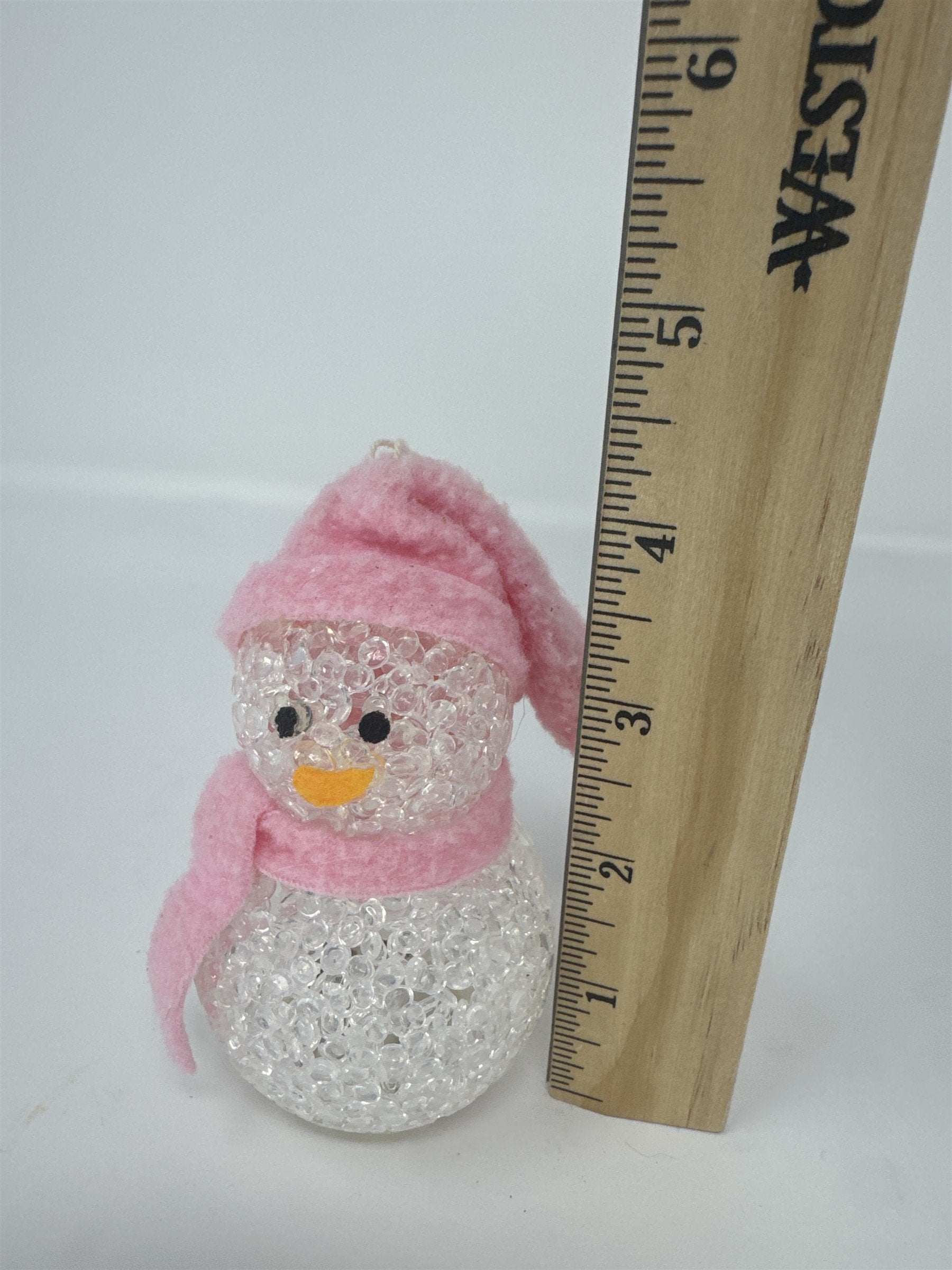 LED Light Up Snowman Ornament 4" Clear Beaded Acrylic Pink Hat Scarf Christmas