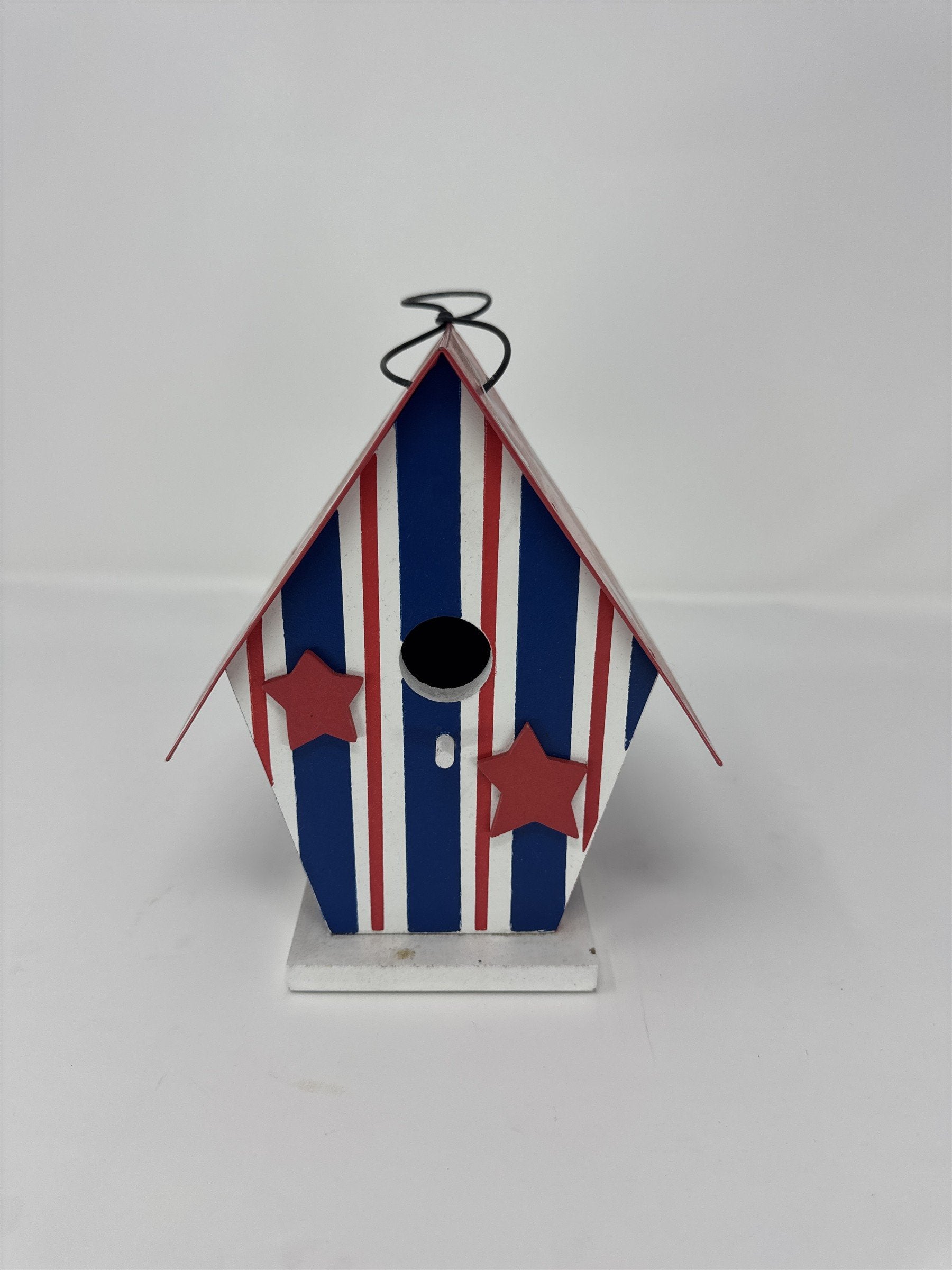 Vintage Patriotic Birdhouse Decor 7" Metal Wood Stars Stripes Red White Blue