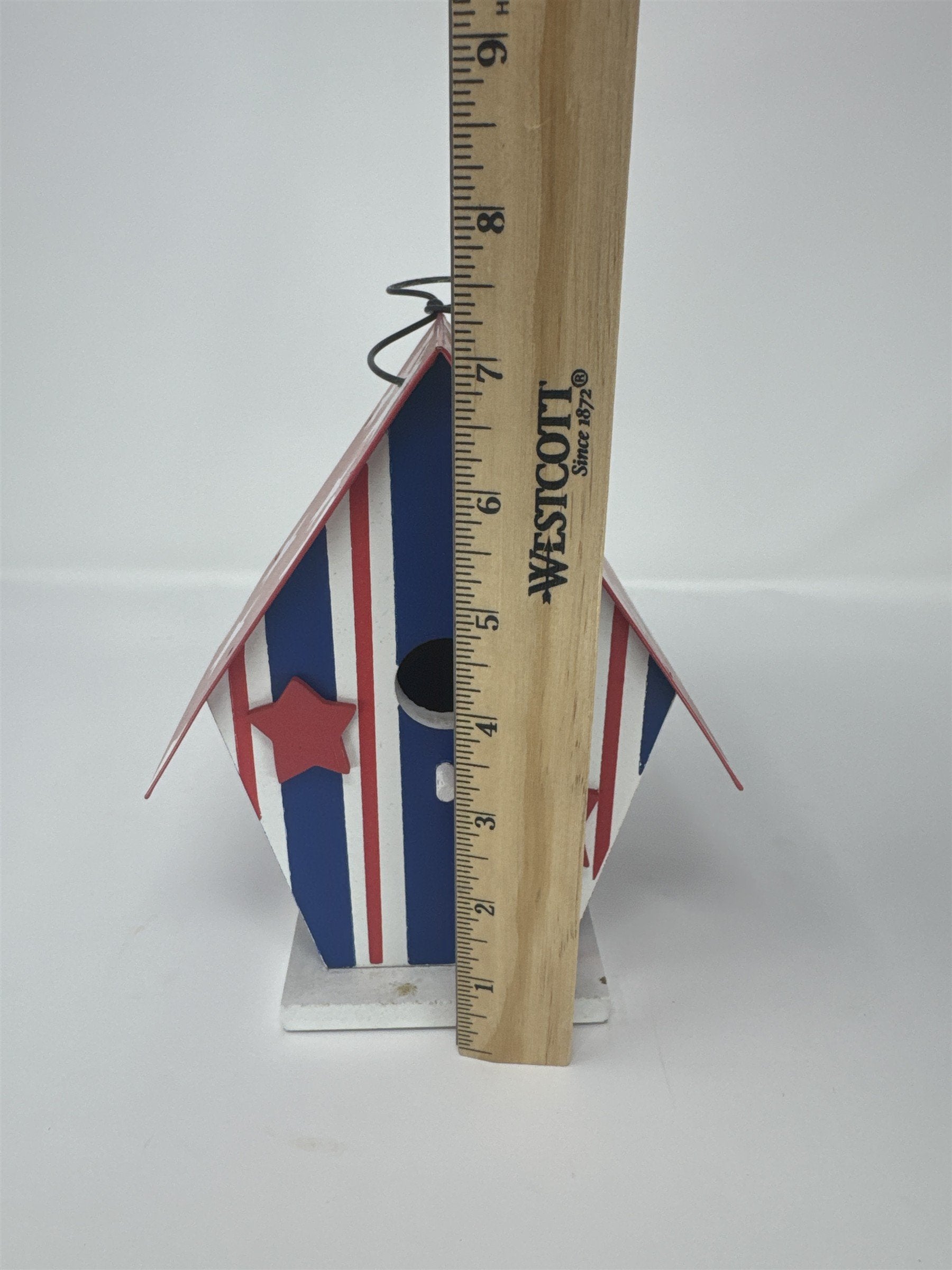 Vintage Patriotic Birdhouse Decor 7" Metal Wood Stars Stripes Red White Blue