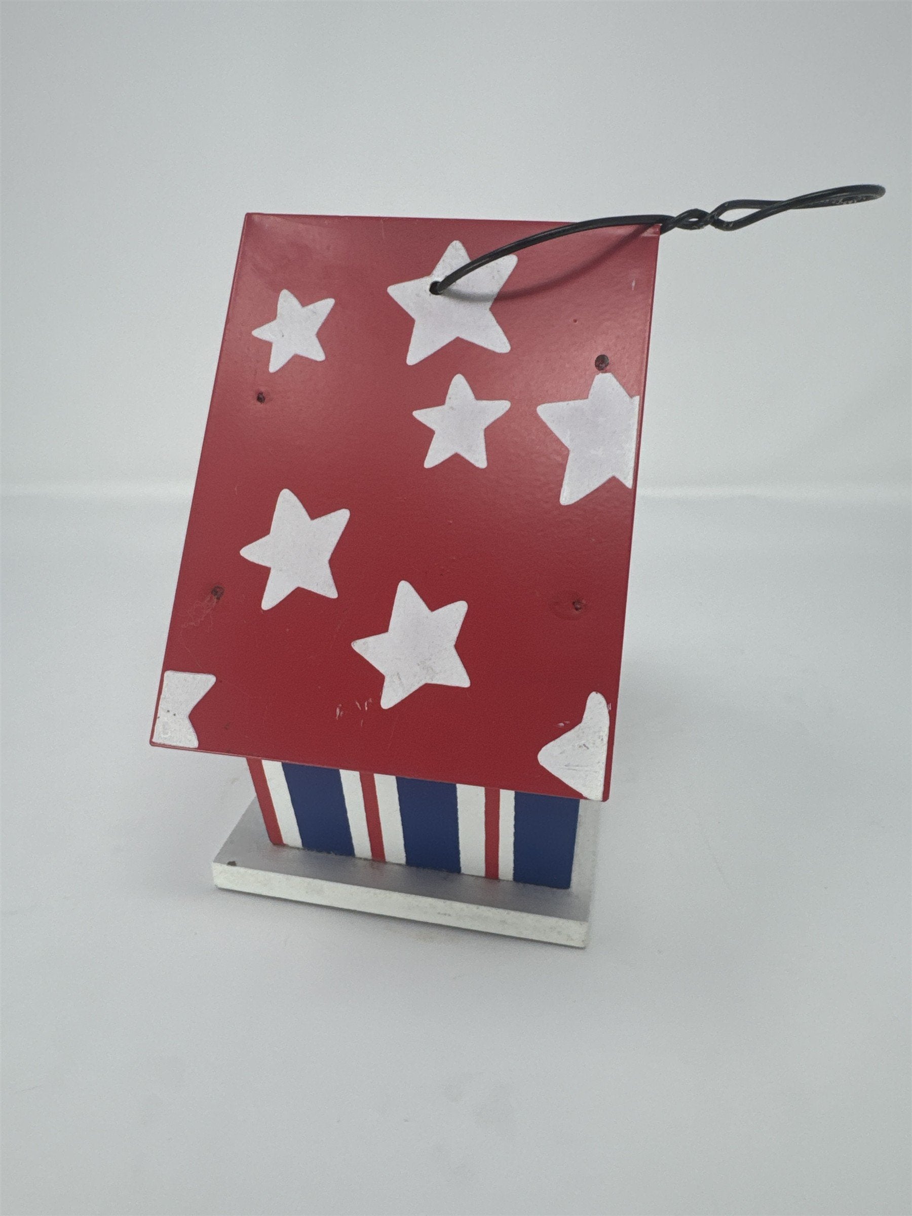 Vintage Patriotic Birdhouse Decor 7" Metal Wood Stars Stripes Red White Blue