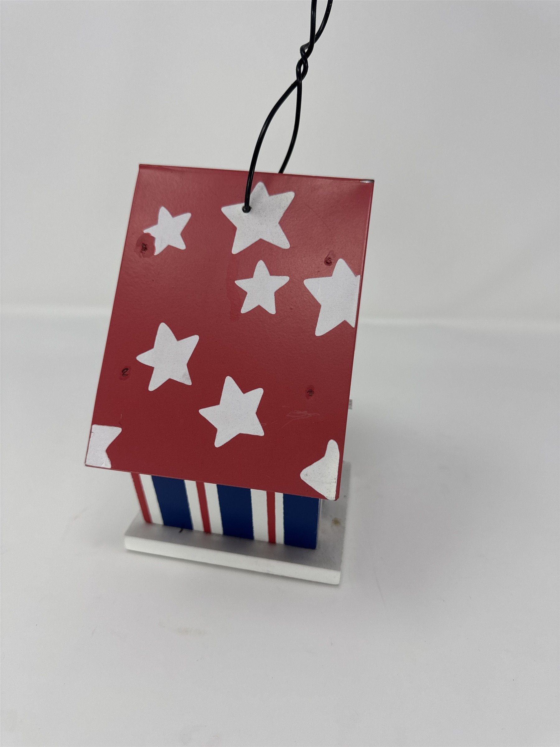 Vintage Patriotic Birdhouse Decor 7" Metal Wood Stars Stripes Red White Blue