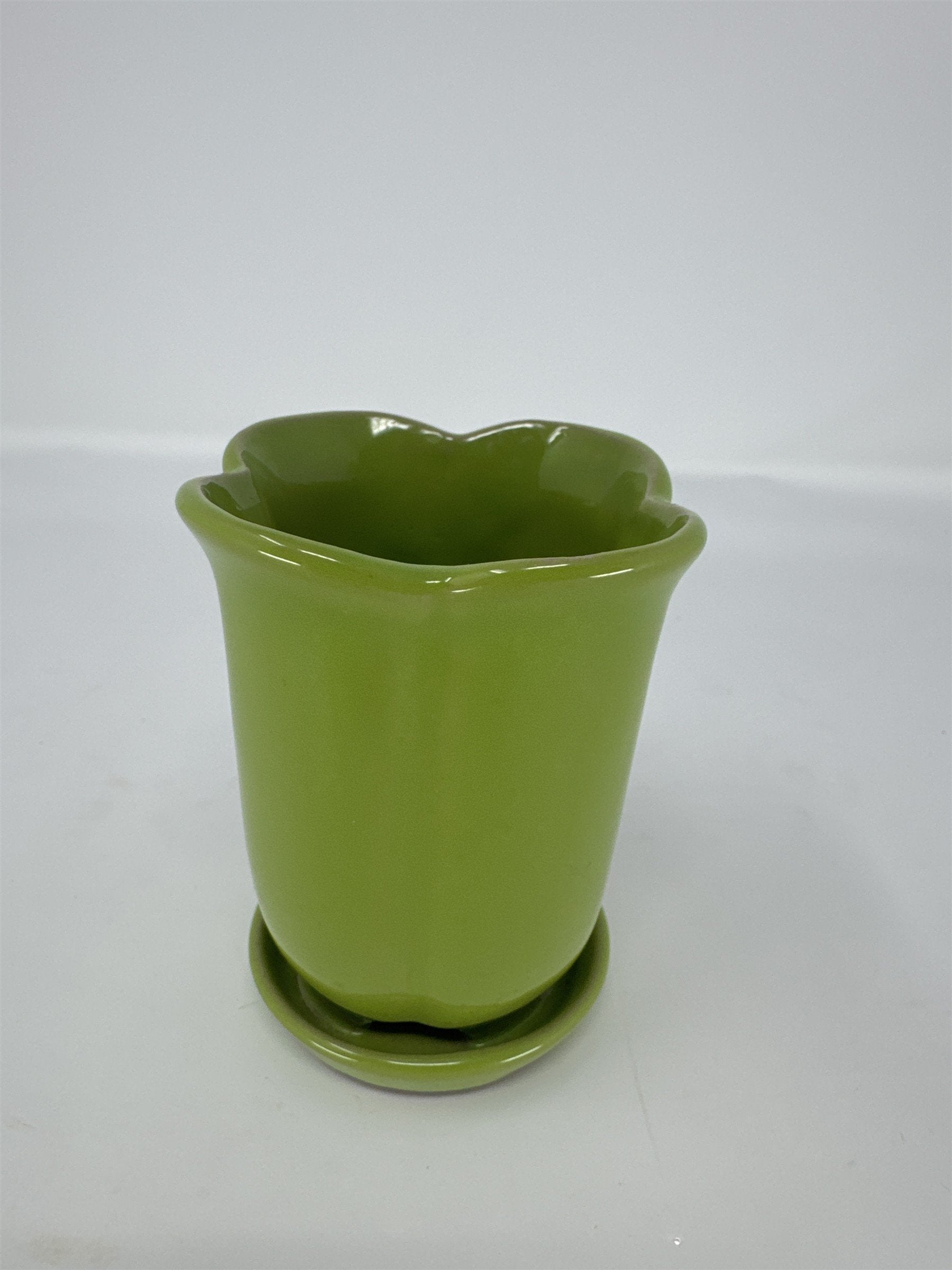 Mini Green Ceramic Planter 4" Scalloped Flower Pot Succulent Cactus Indoor Decor
