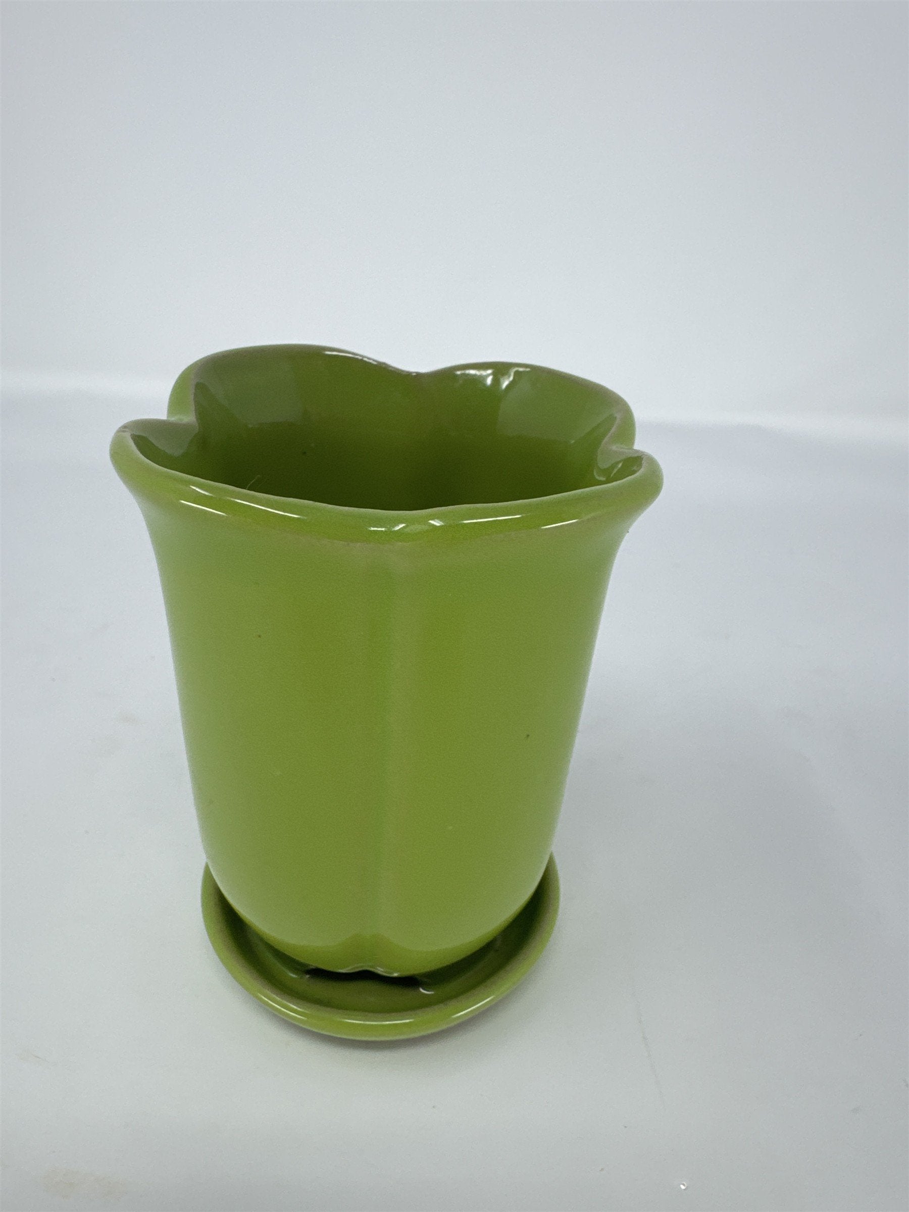 Mini Green Ceramic Planter 4" Scalloped Flower Pot Succulent Cactus Indoor Decor