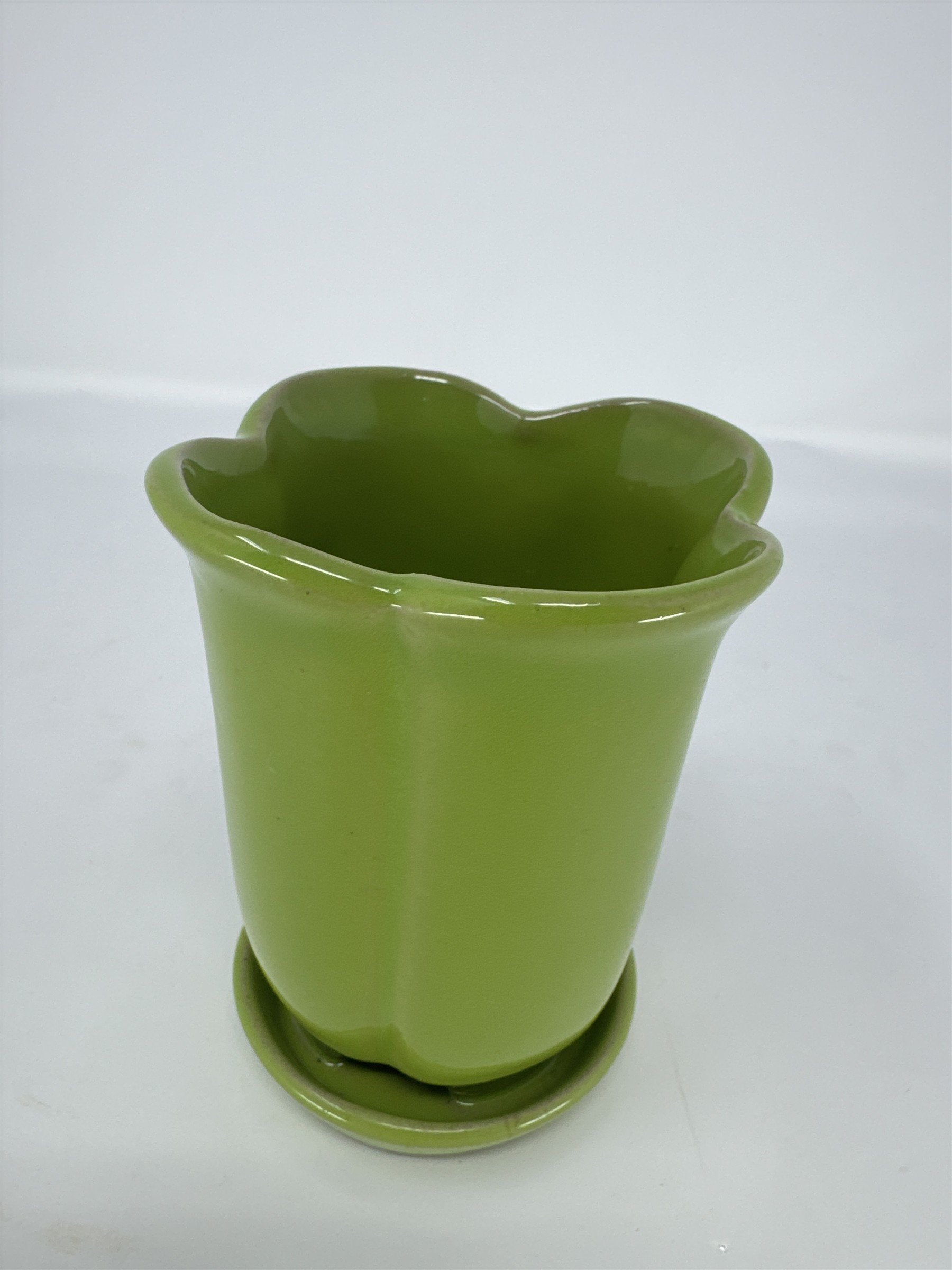Mini Green Ceramic Planter 4" Scalloped Flower Pot Succulent Cactus Indoor Decor