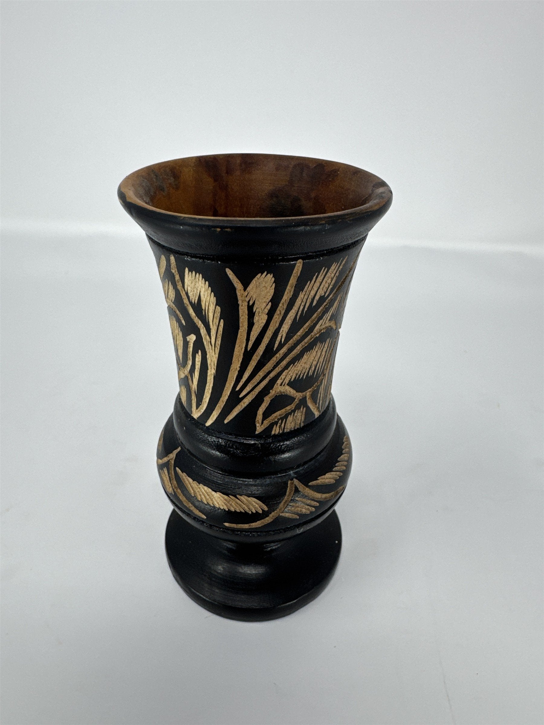 Vintage Hand Carved Wooden Bud Vase 5" Black Etched Floral Design Boho Decor