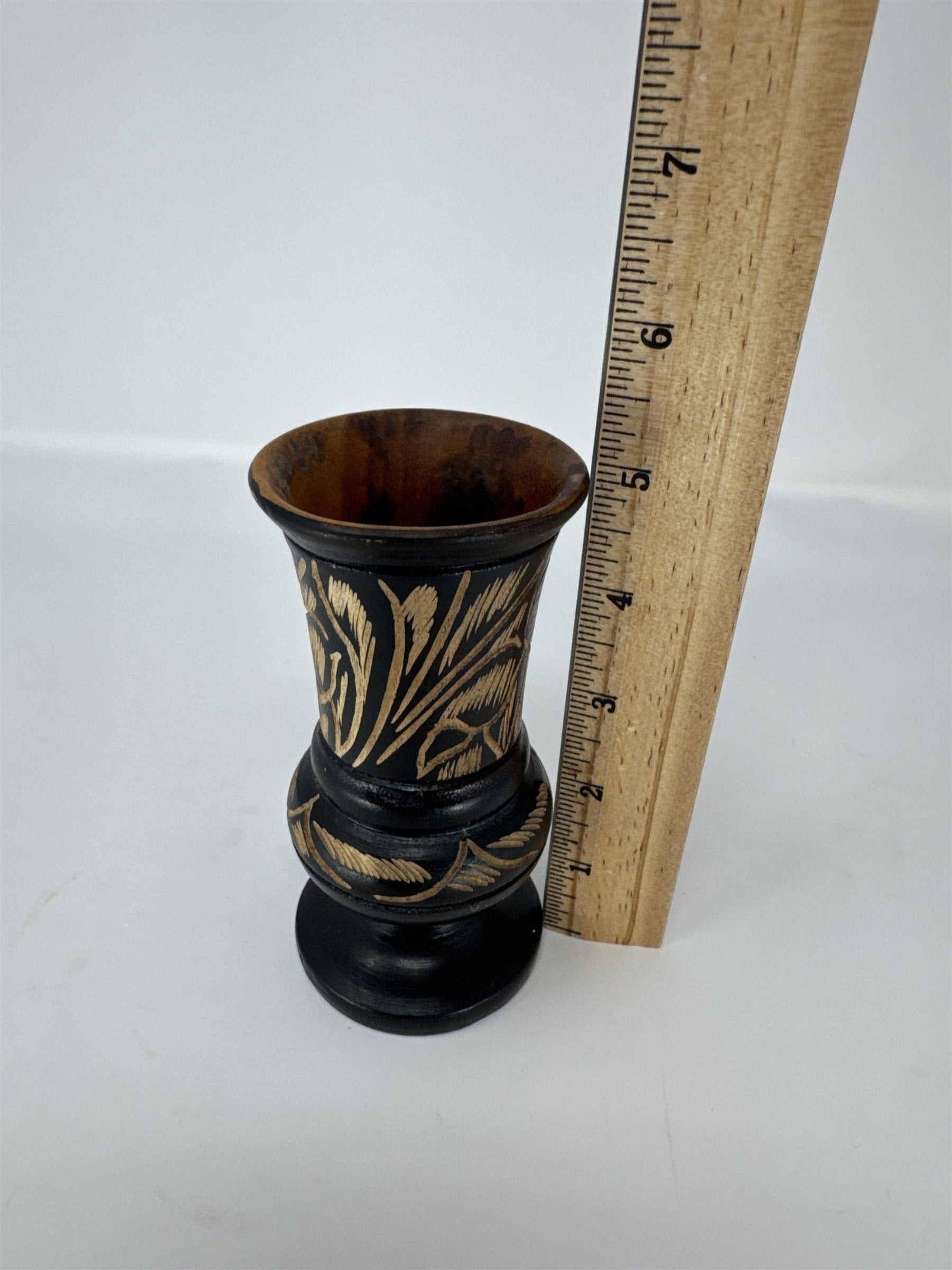 Vintage Hand Carved Wooden Bud Vase 5" Black Etched Floral Design Boho Decor