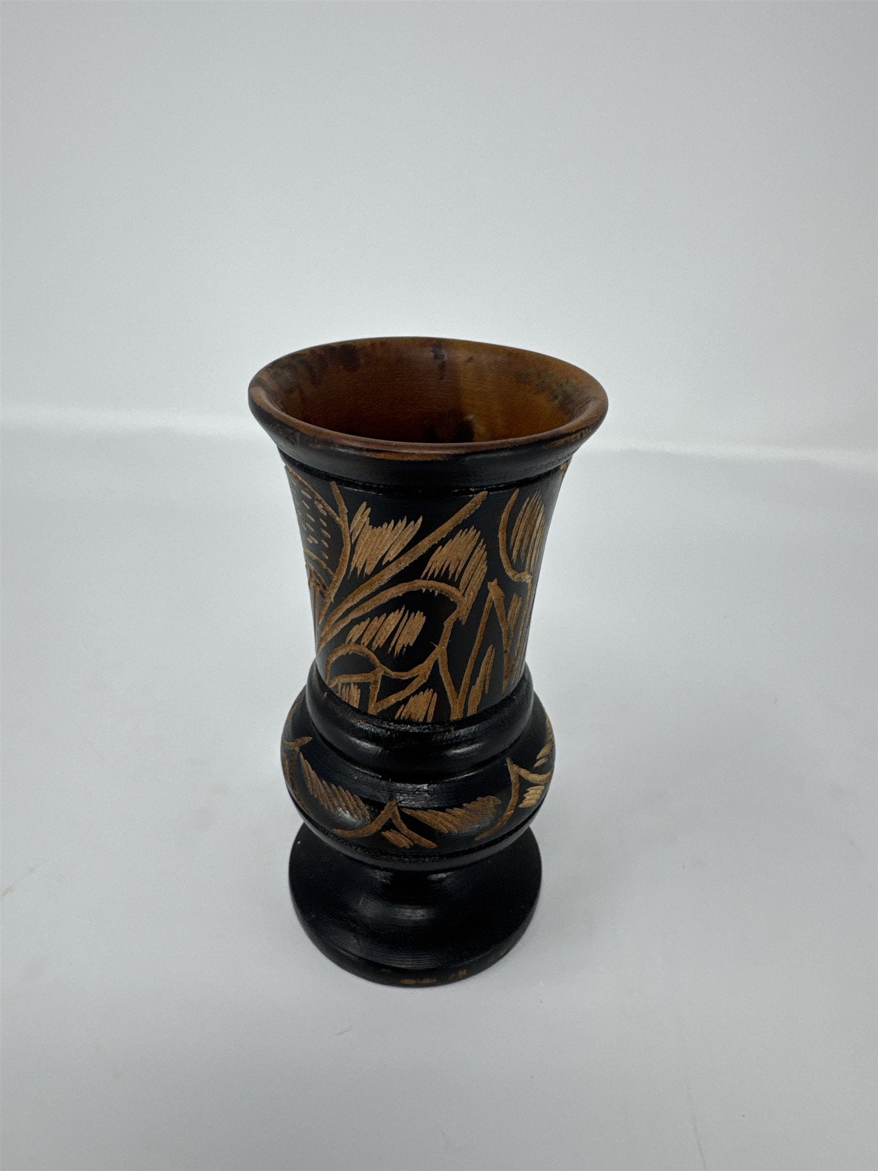Vintage Hand Carved Wooden Bud Vase 5" Black Etched Floral Design Boho Decor