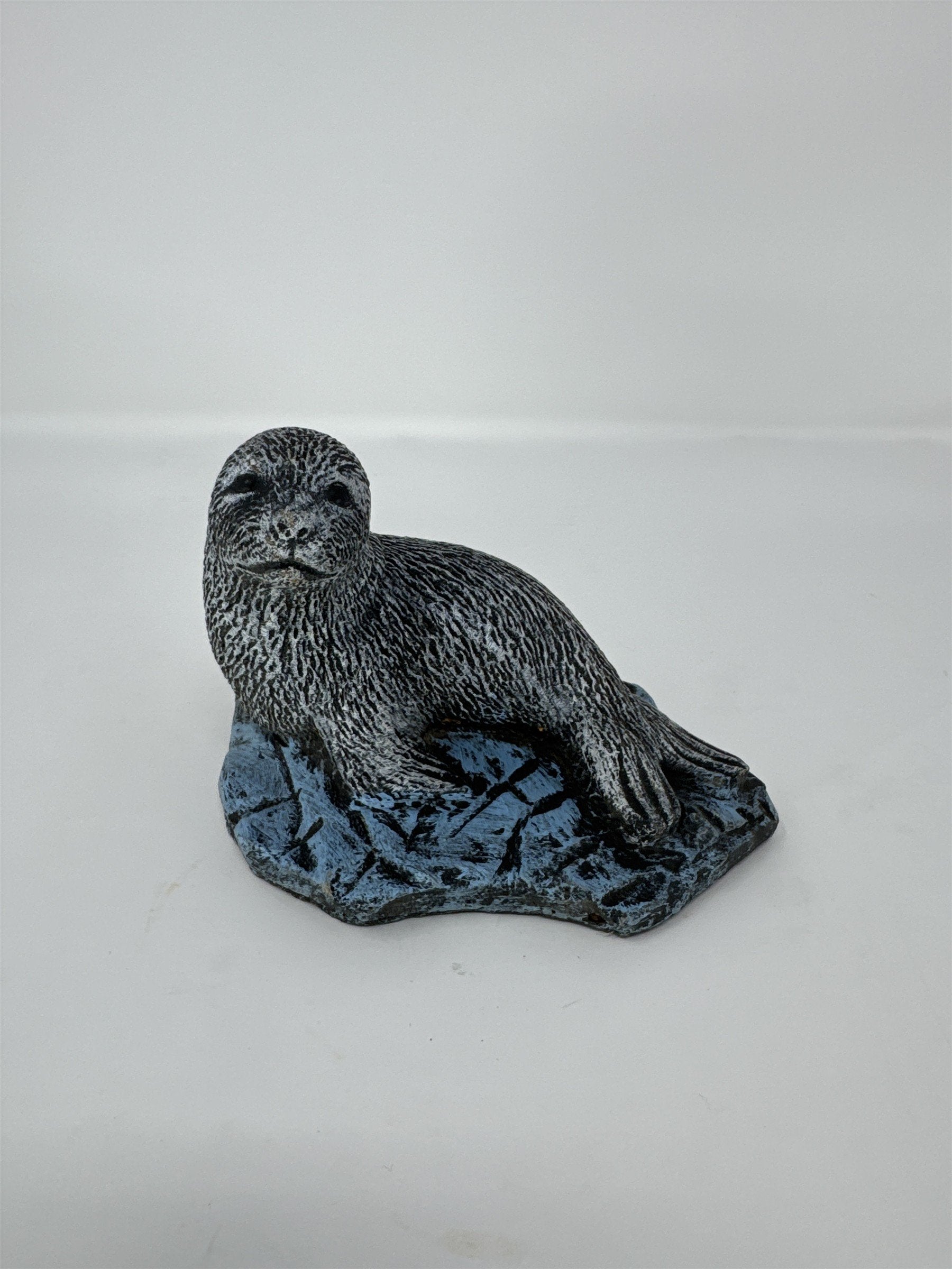 Vintage Baby Seal Figurine 4" Textured Grey White Seal Pup on Blue Rock Decor