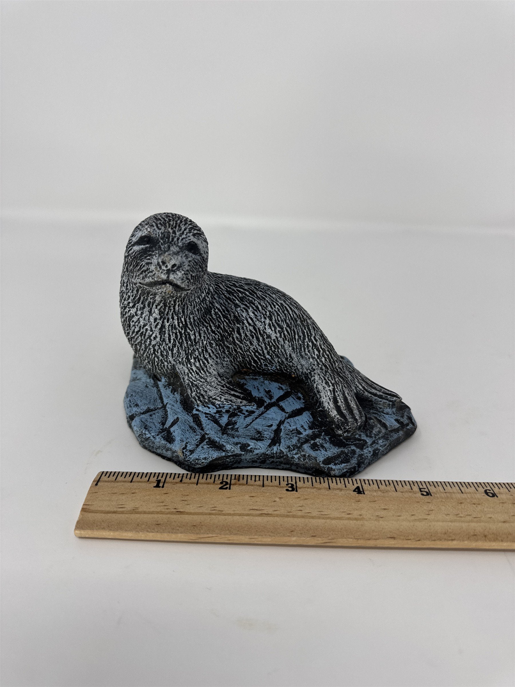 Vintage Baby Seal Figurine 4" Textured Grey White Seal Pup on Blue Rock Decor