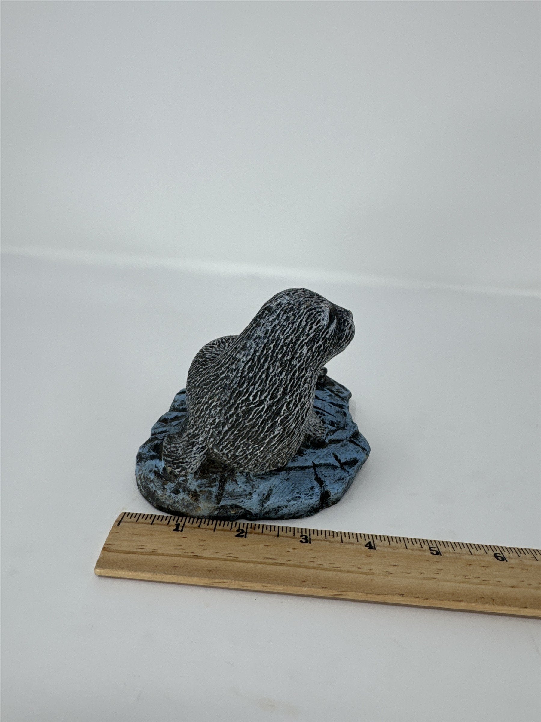Vintage Baby Seal Figurine 4" Textured Grey White Seal Pup on Blue Rock Decor