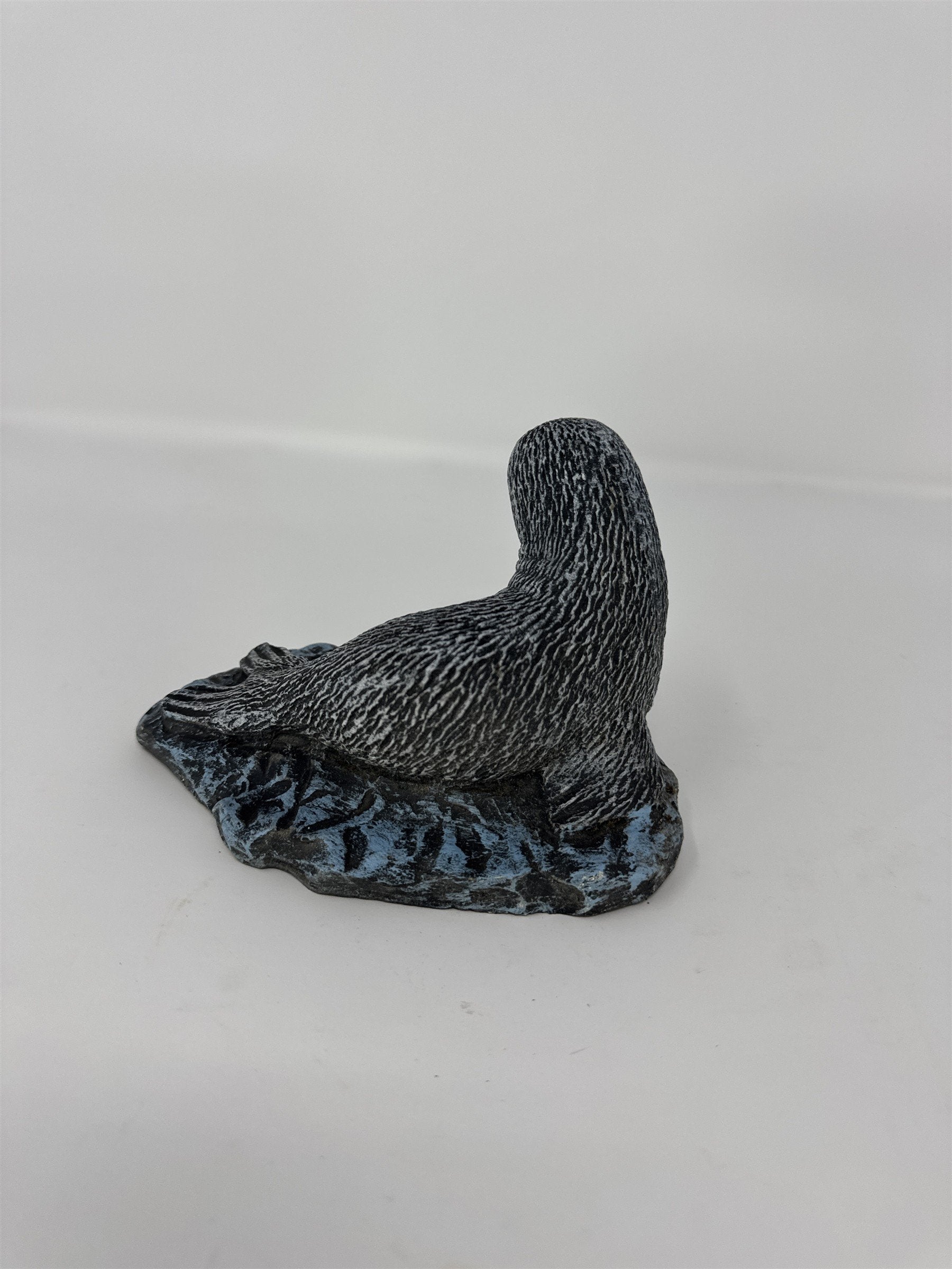Vintage Baby Seal Figurine 4" Textured Grey White Seal Pup on Blue Rock Decor