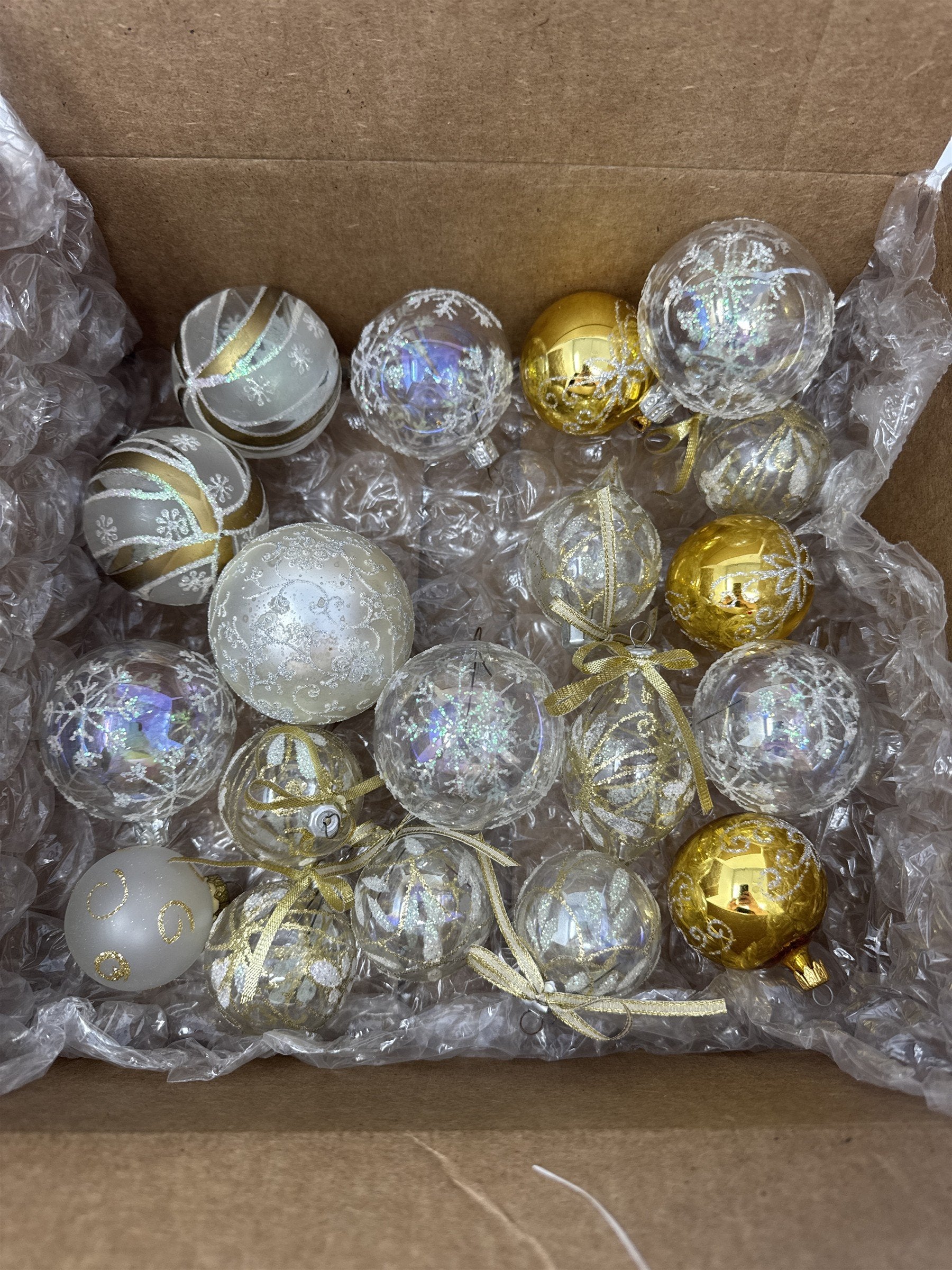 Christmas Ornaments Lot of 19 Glass/Plastic Gold White Iridescent Snowflake Vtg