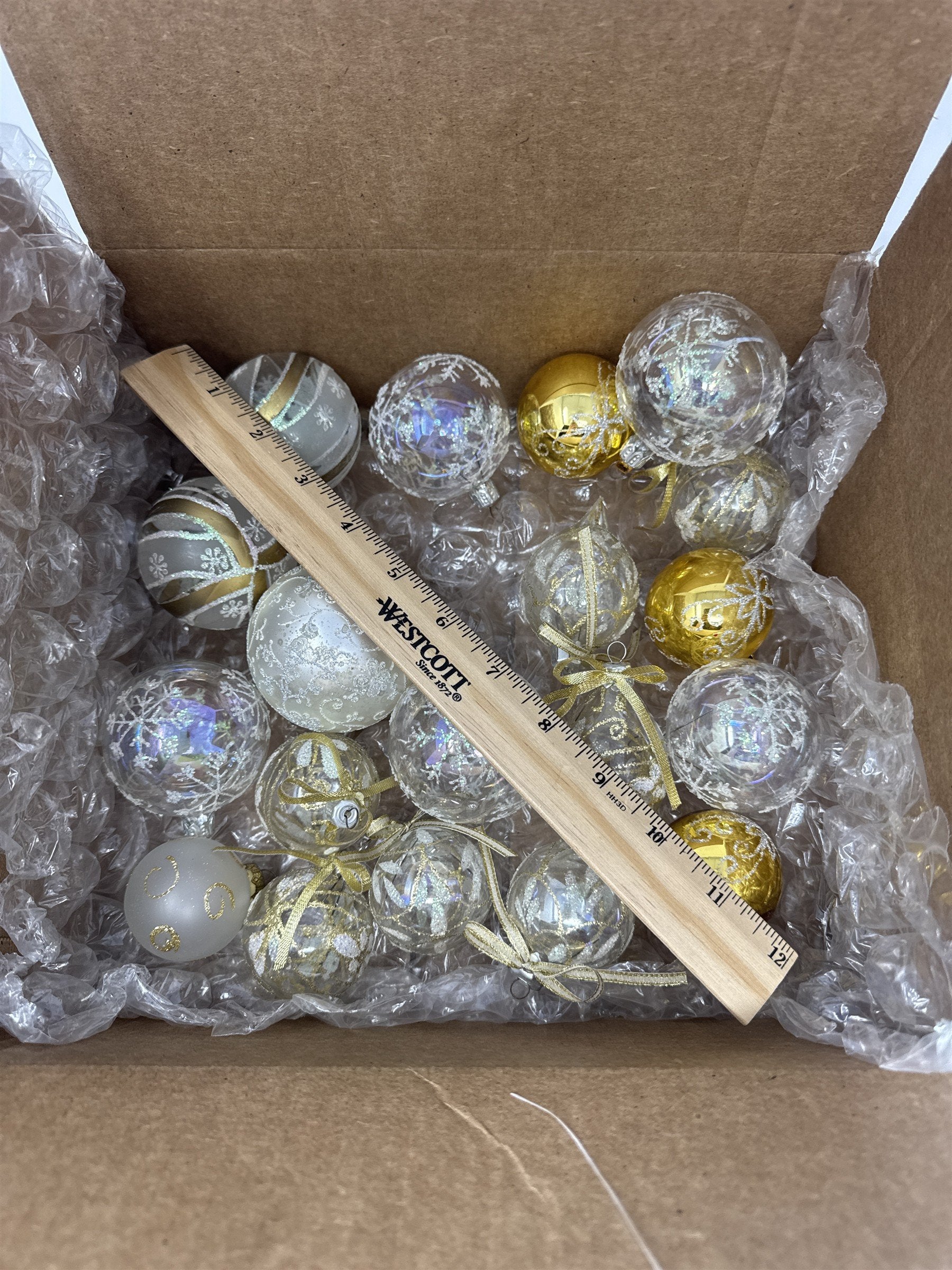 Christmas Ornaments Lot of 19 Glass/Plastic Gold White Iridescent Snowflake Vtg