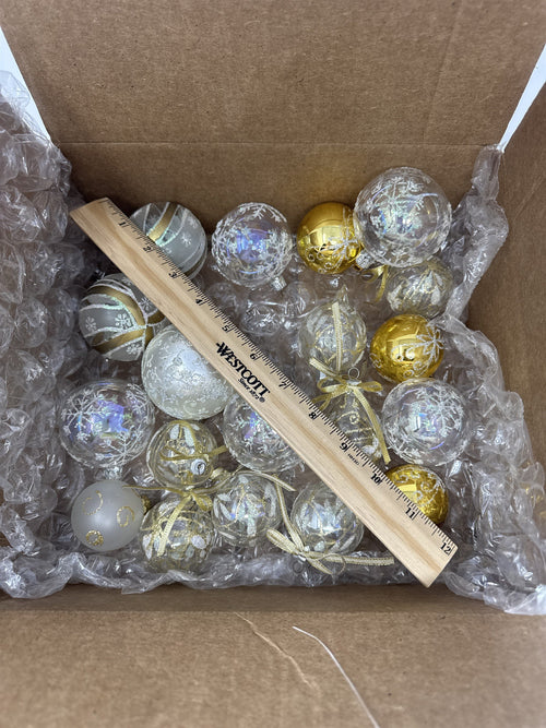 Christmas Ornaments Lot of 19 Glass/Plastic Gold White Iridescent Snowflake Vtg