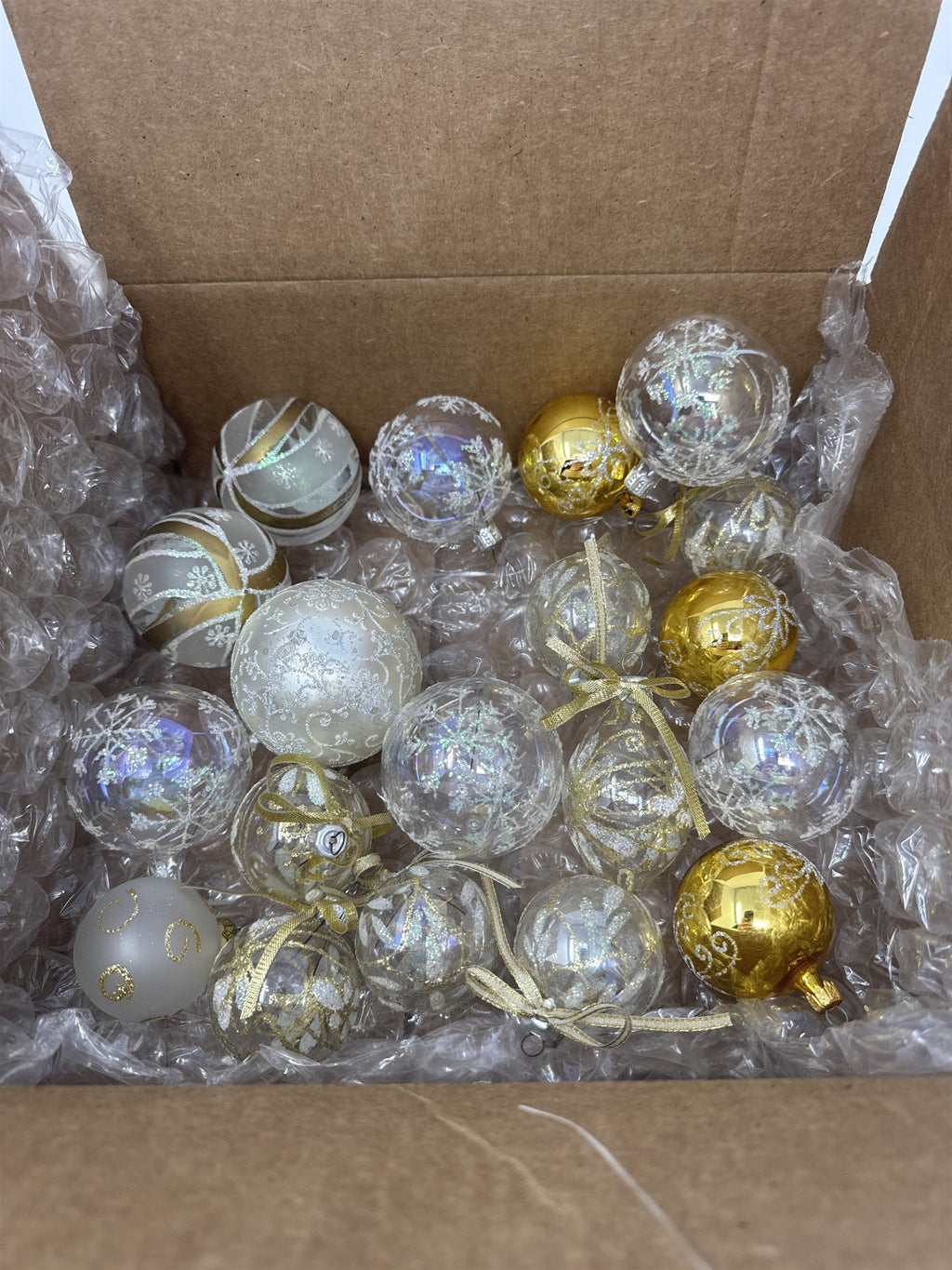 Christmas Ornaments Lot of 19 Glass/Plastic Gold White Iridescent Snowflake Vtg