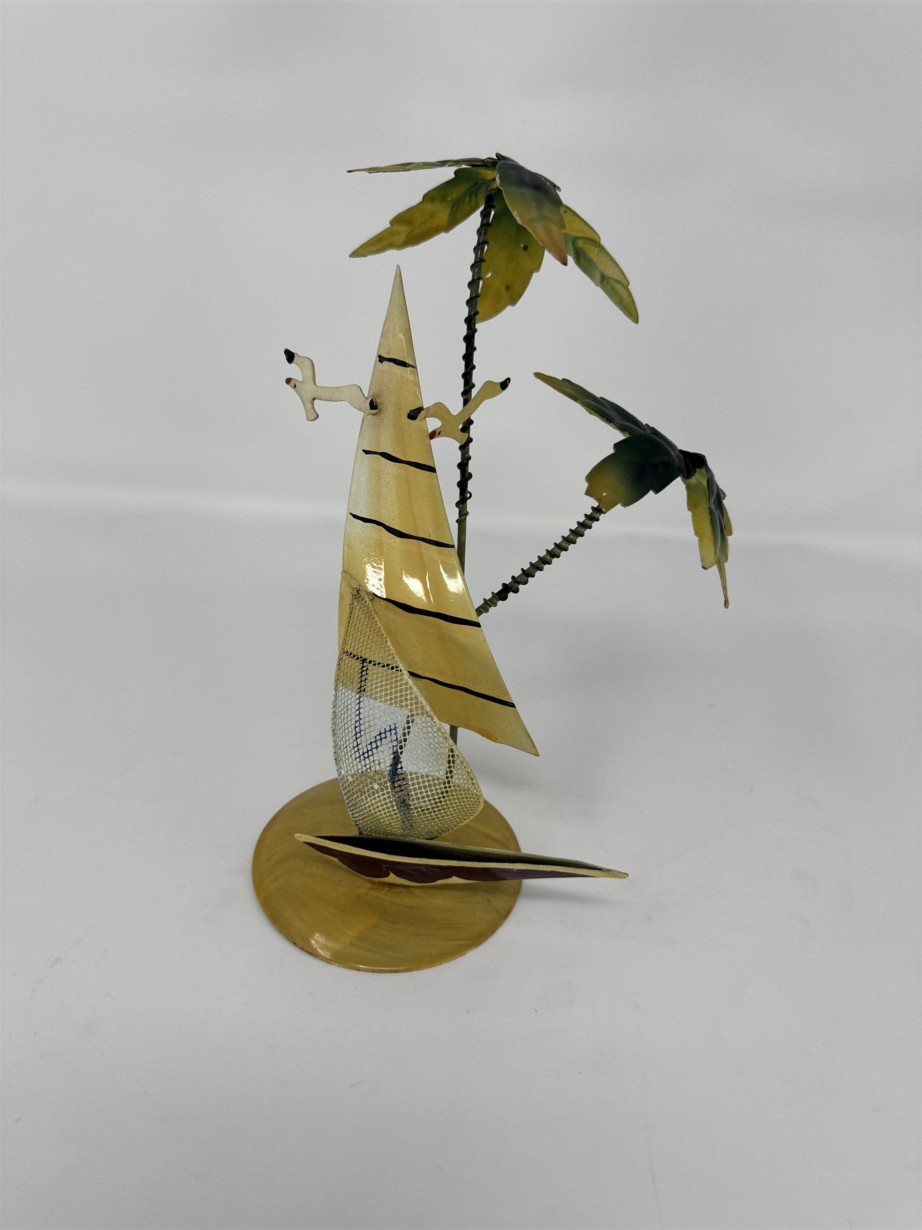 Vintage MCM Metal Palm Tree Sailboat Sculpture Tropical Beach Decor