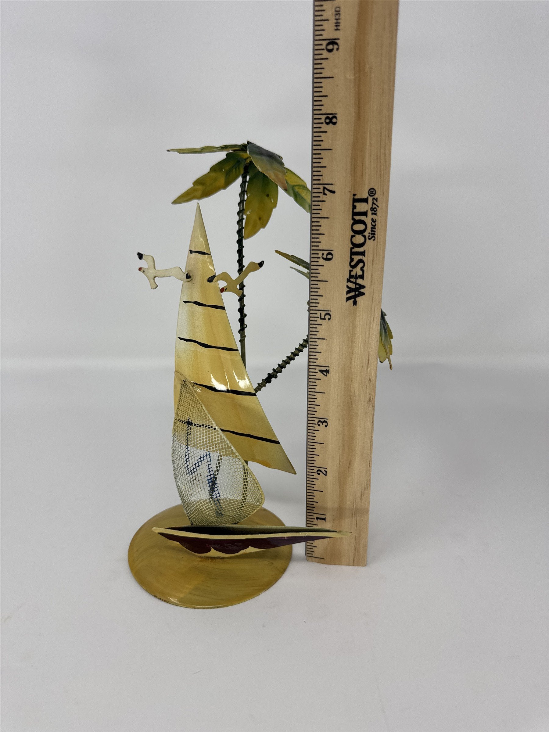 Vintage MCM Metal Palm Tree Sailboat Sculpture Tropical Beach Decor