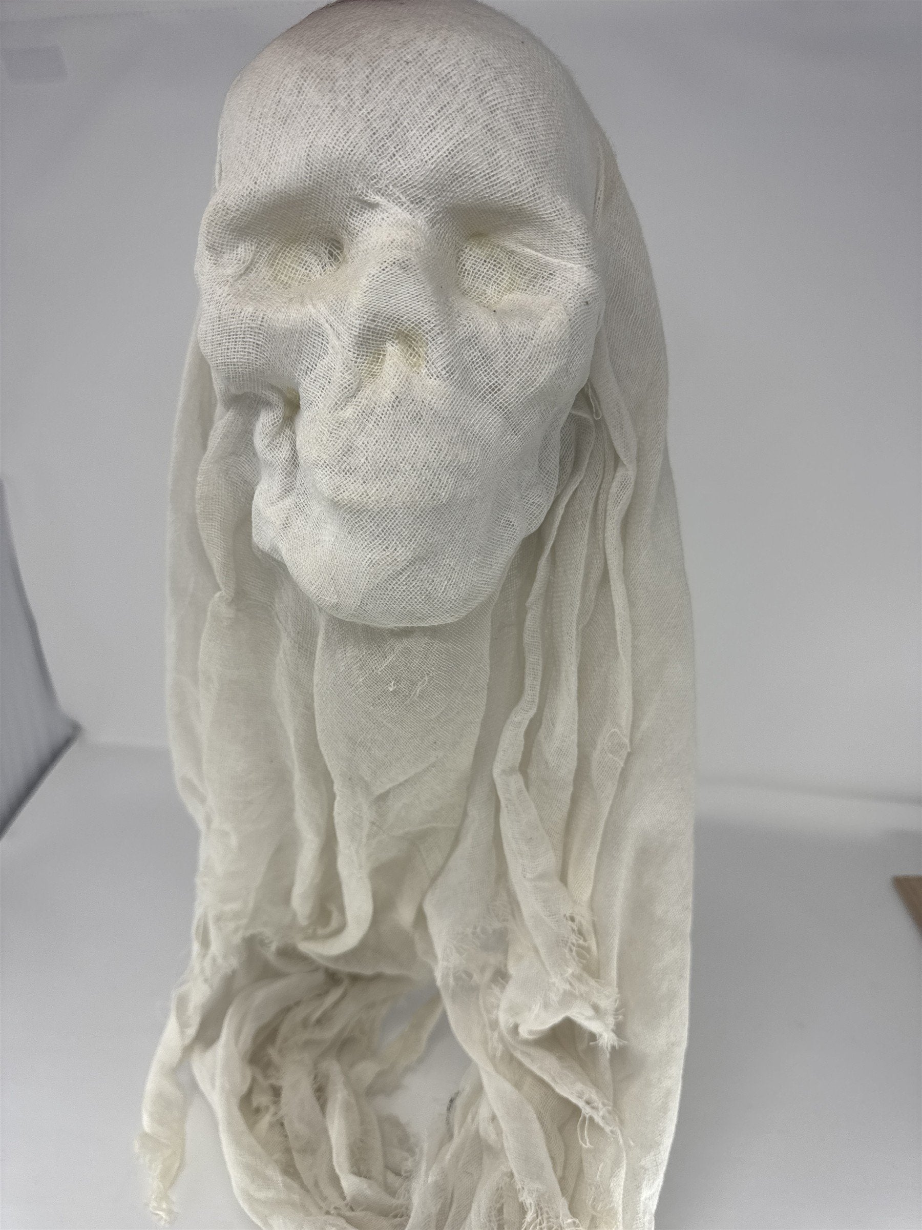 Hanging Ghoul Halloween Prop Light Up Skull Gauze Shroud Haunted House Decor 7"