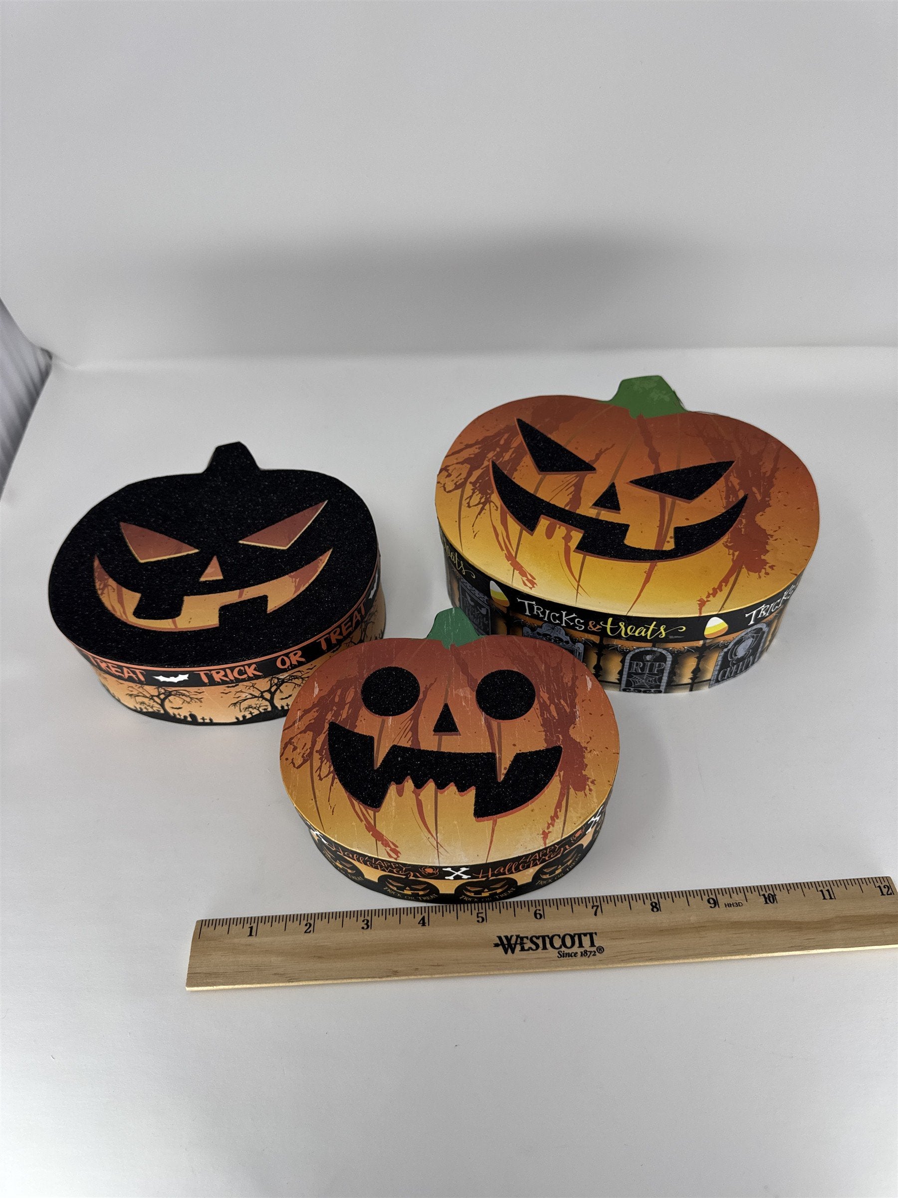 Halloween Nesting Gift Boxes Set of 3 Pumpkin Jack O Lantern Treat Boxes 9"