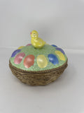 Vintage Easter Basket Candy Dish Ceramic Painted Chick Figurine Lidded Bowl