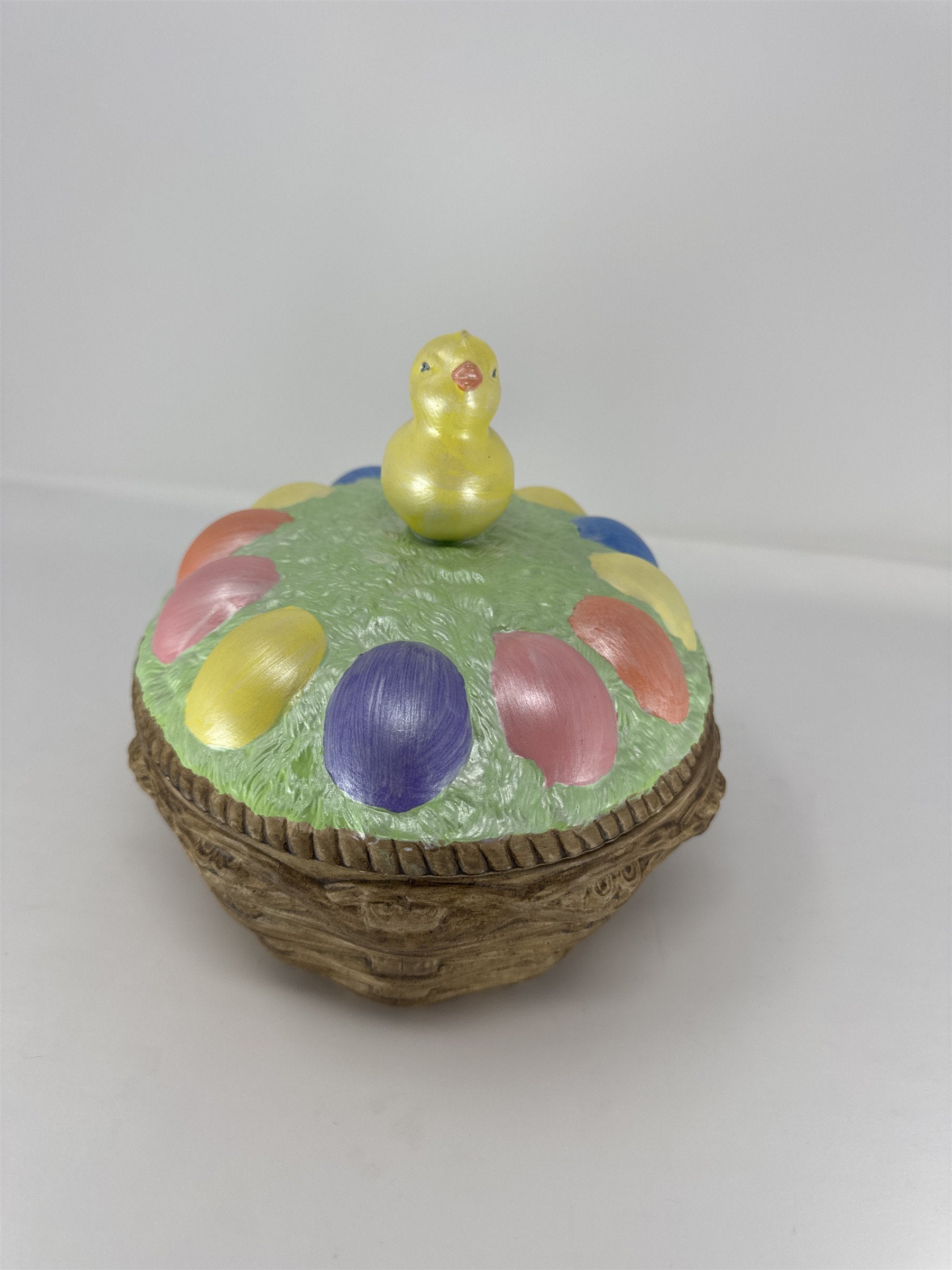 Vintage Easter Basket Candy Dish Ceramic Painted Chick Figurine Lidded Bowl