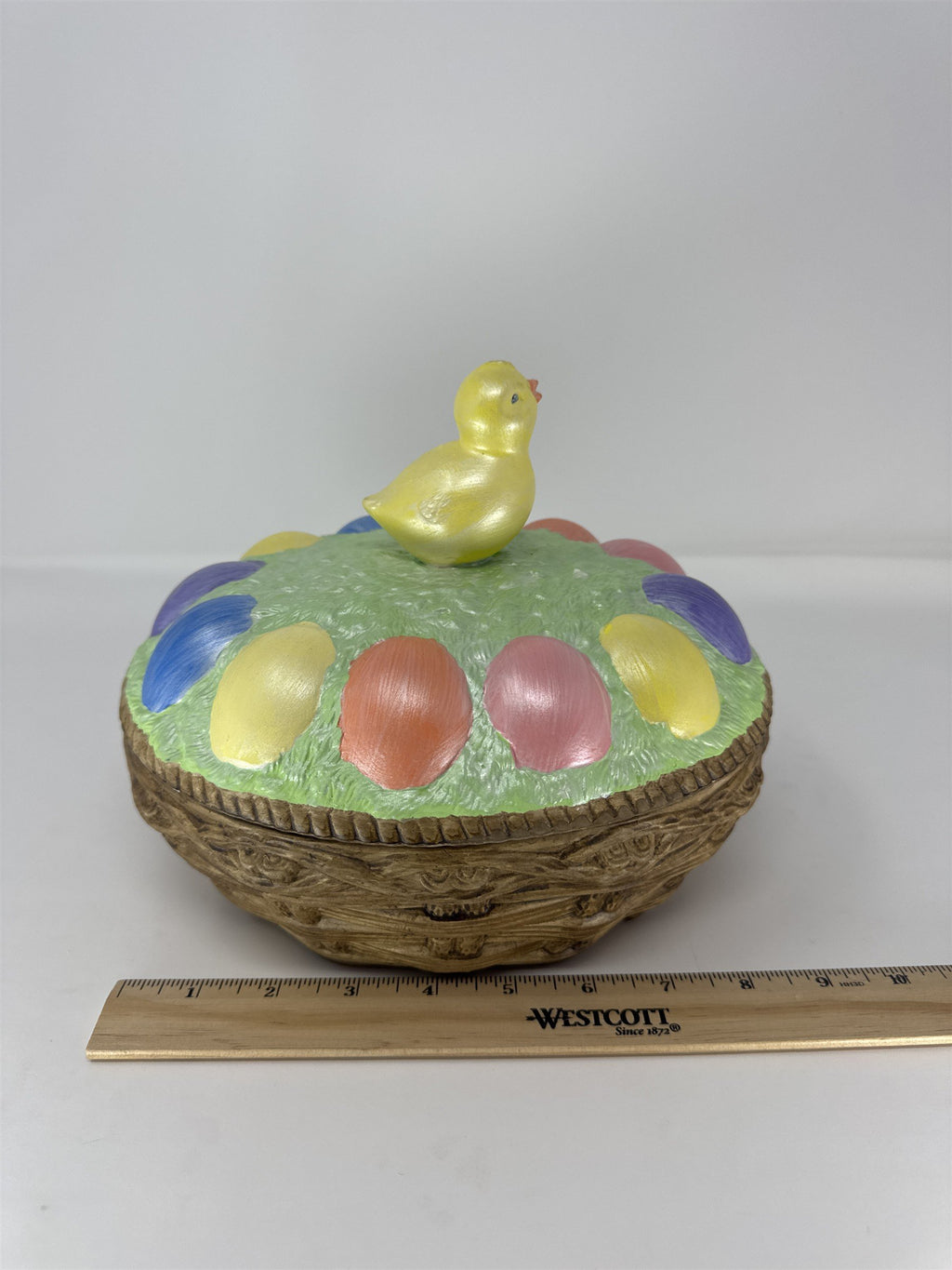Vintage Easter Basket Candy Dish Ceramic Painted Chick Figurine Lidded Bowl