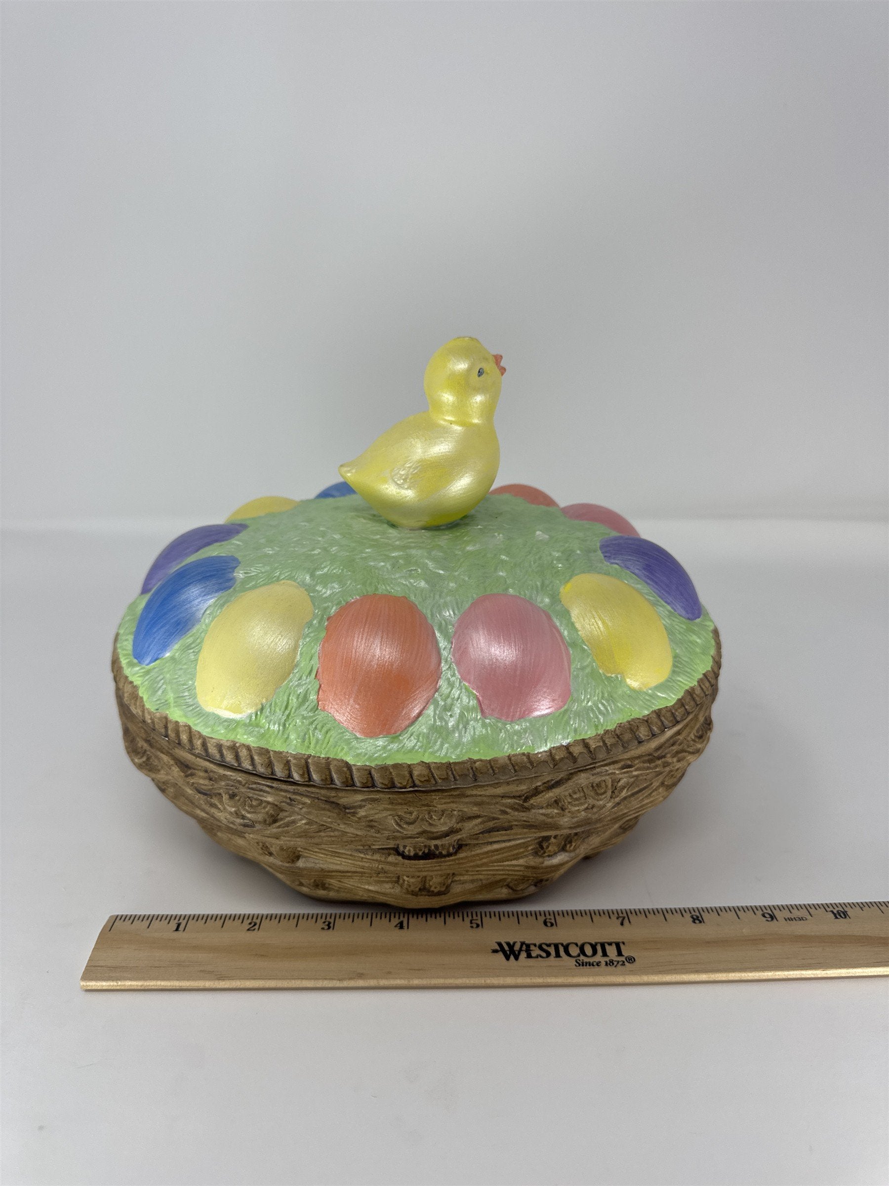Vintage Easter Basket Candy Dish Ceramic Painted Chick Figurine Lidded Bowl