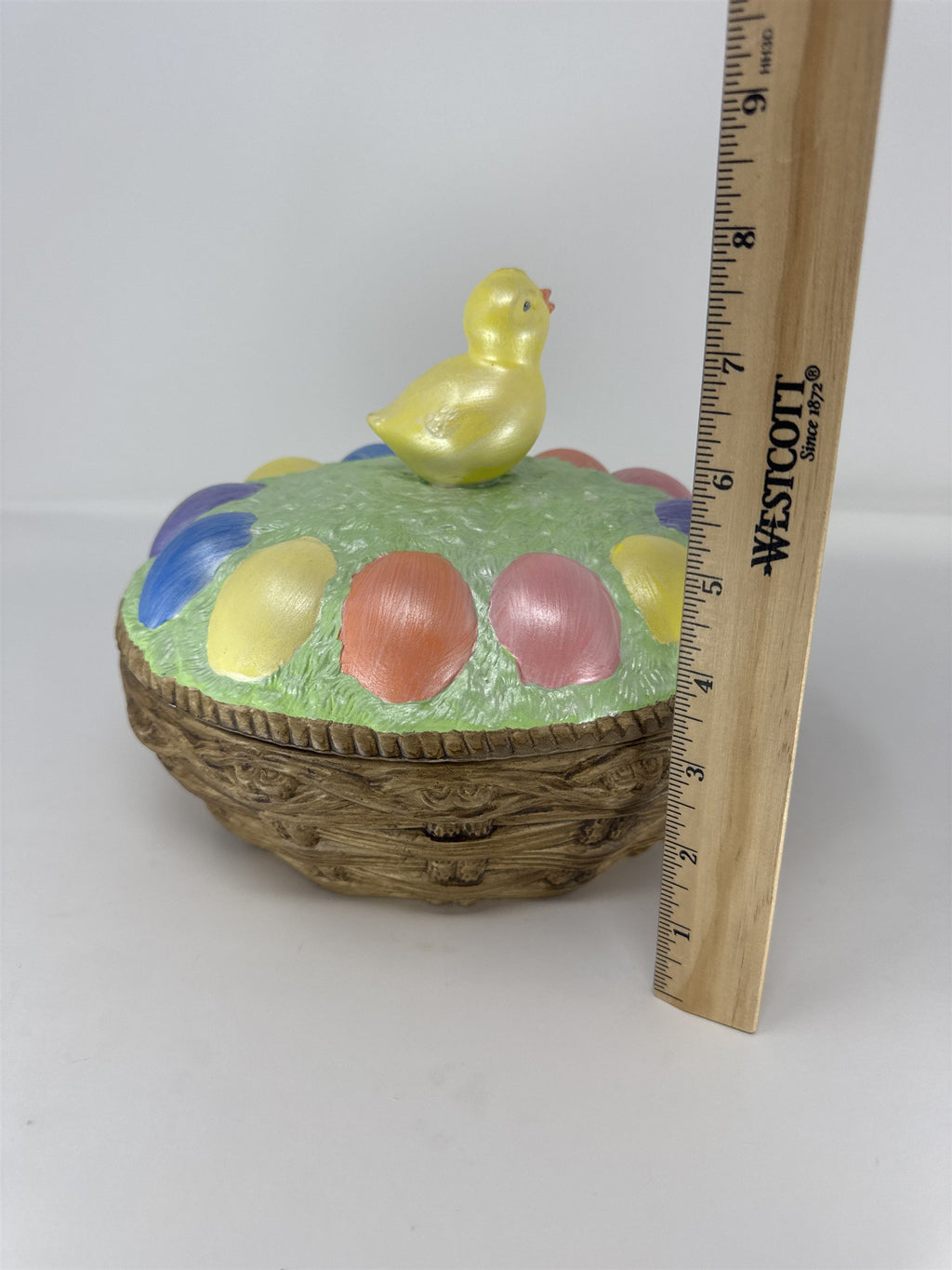 Vintage Easter Basket Candy Dish Ceramic Painted Chick Figurine Lidded Bowl