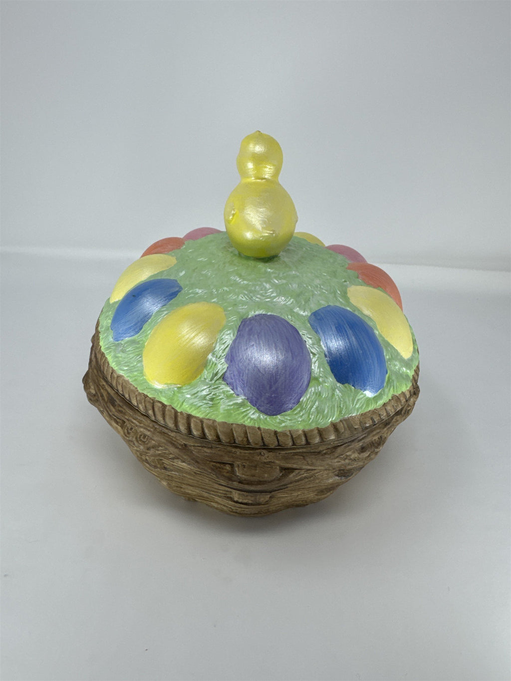 Vintage Easter Basket Candy Dish Ceramic Painted Chick Figurine Lidded Bowl