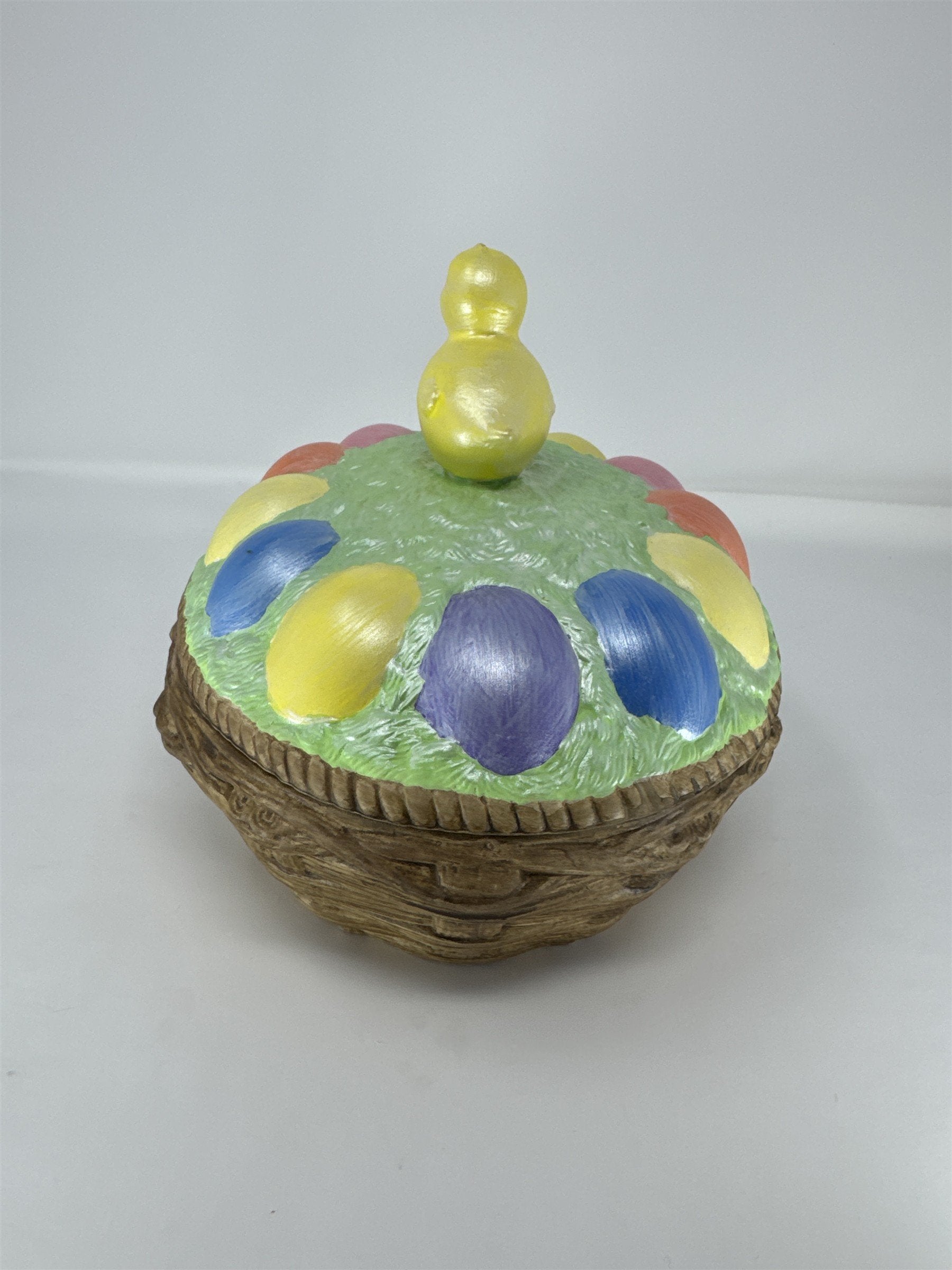 Vintage Easter Basket Candy Dish Ceramic Painted Chick Figurine Lidded Bowl